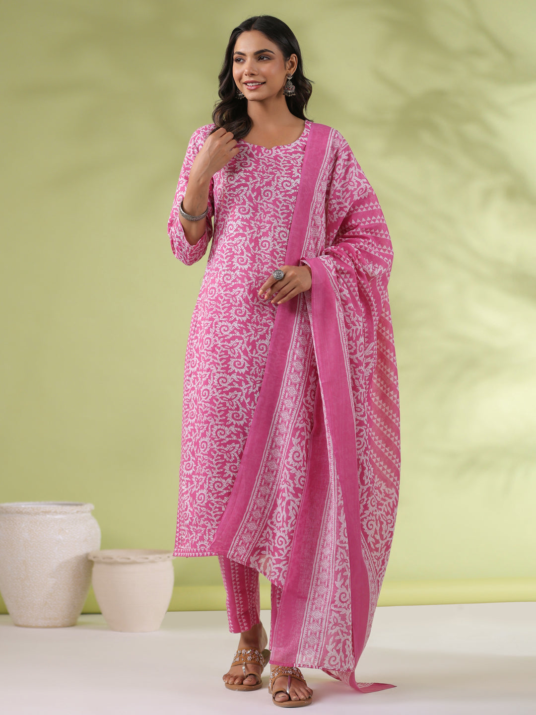 OJASWITA Pink Floral Print Kurti Set with Duppata