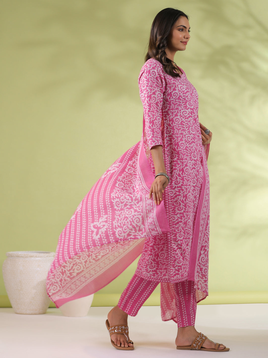 OJASWITA Pink Floral Print Kurti Set with Duppata