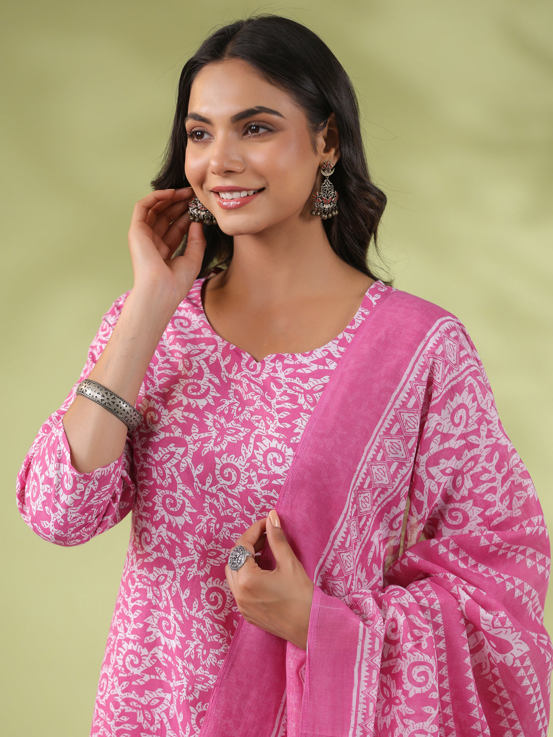 OJASWITA Pink Floral Print Kurti Set with Duppata