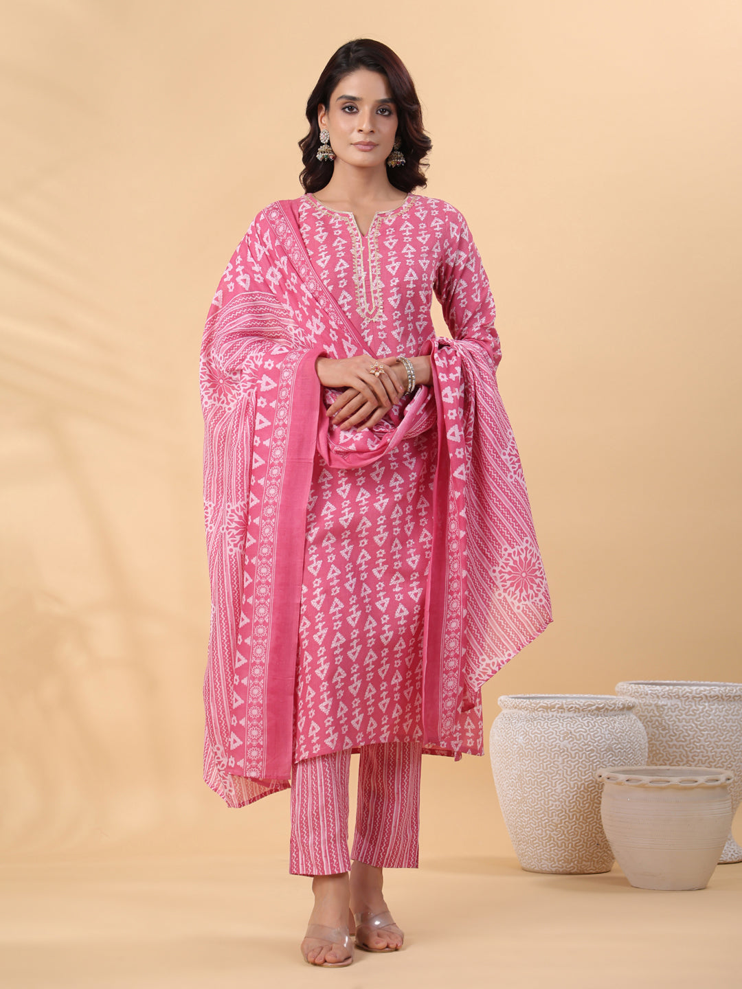 OJASWITA Pink Geometrical Print Kurti Set with Duppata