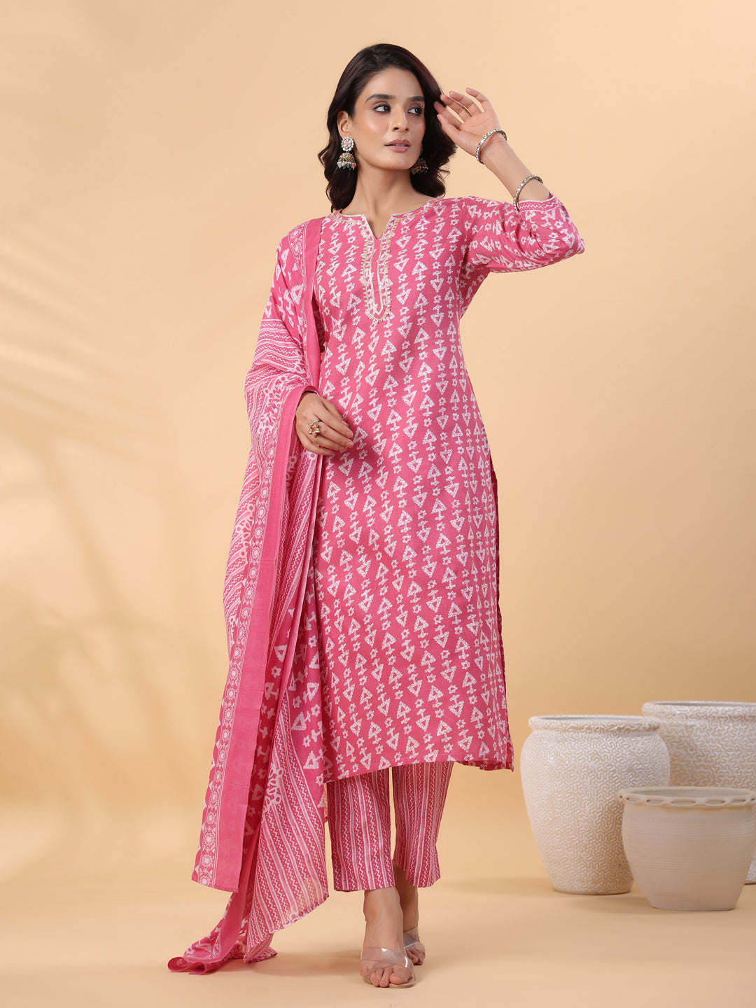 OJASWITA Pink Geometrical Print Kurti Set with Duppata