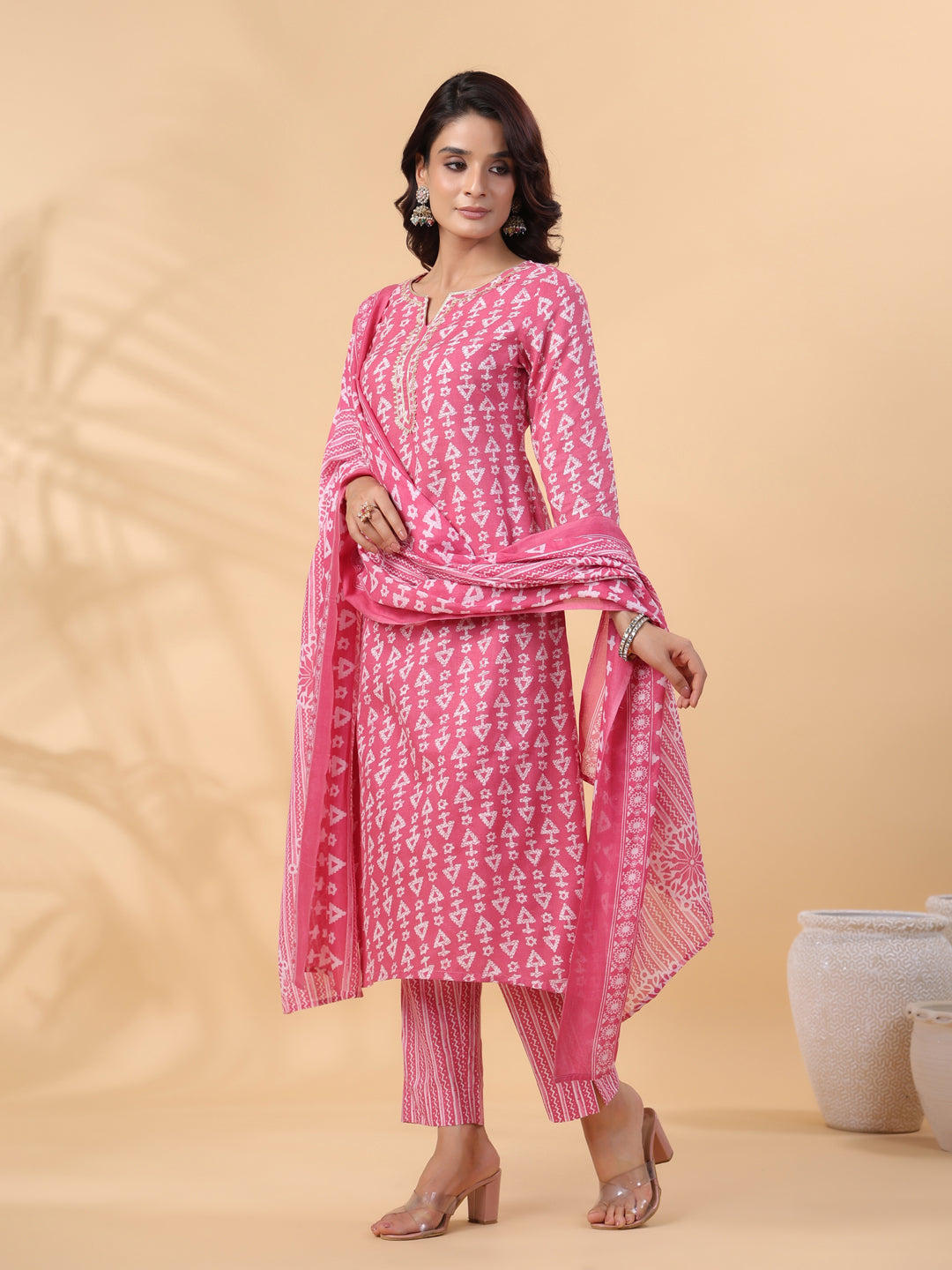 OJASWITA Pink Geometrical Print Kurti Set with Duppata