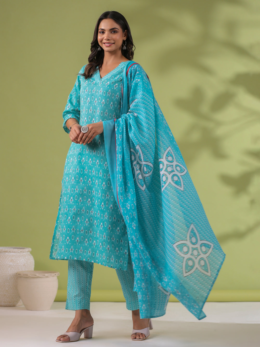 OJASWITA Sky Blue Printed Kurti Set with Duppata