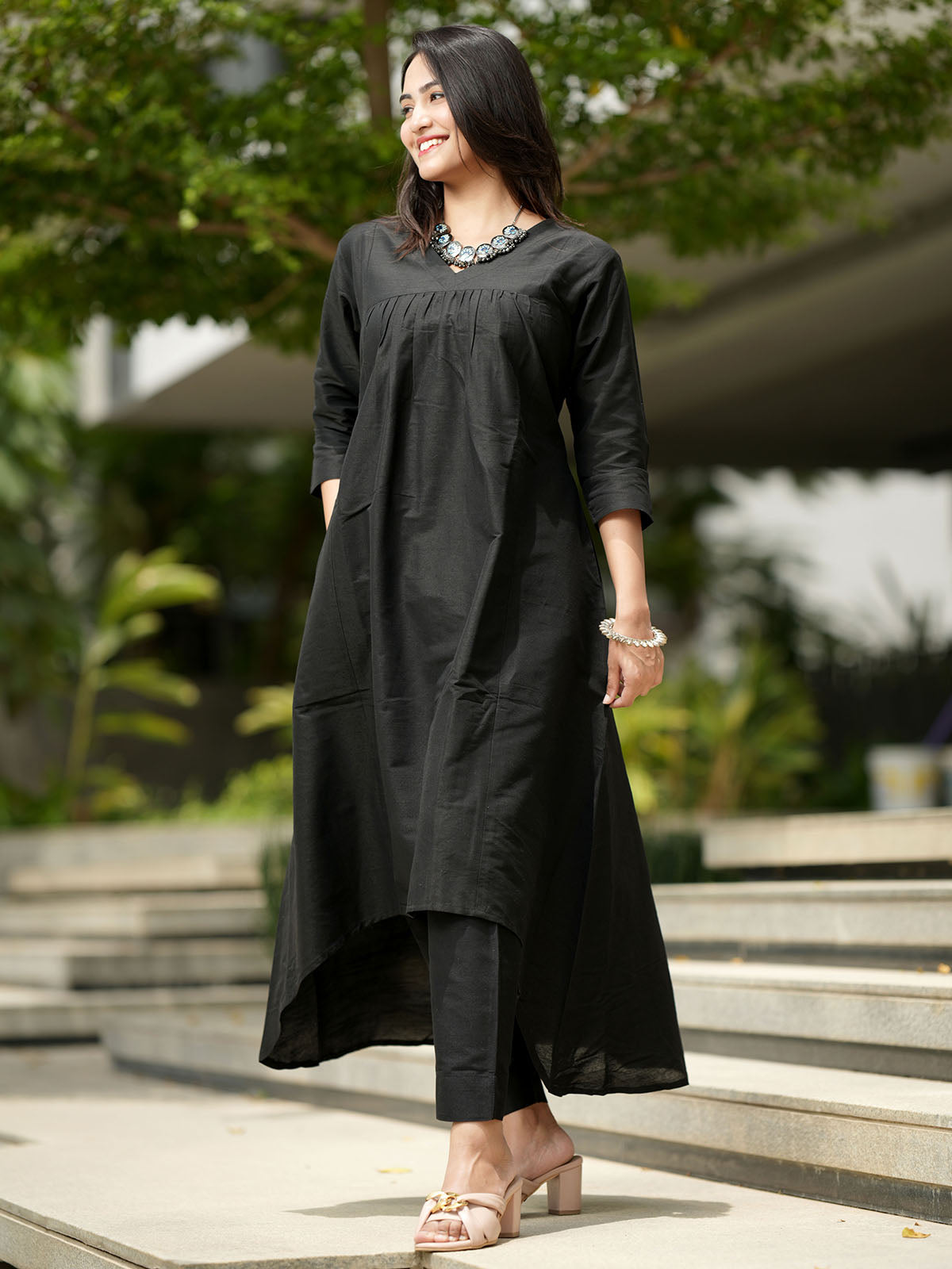 INAKSHINI Asymmetrical Solid Black Kurti Set