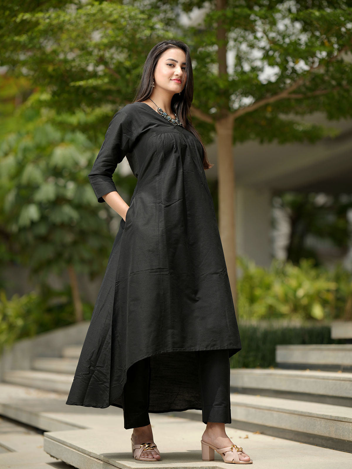 INAKSHINI Asymmetrical Solid Black Kurti Set