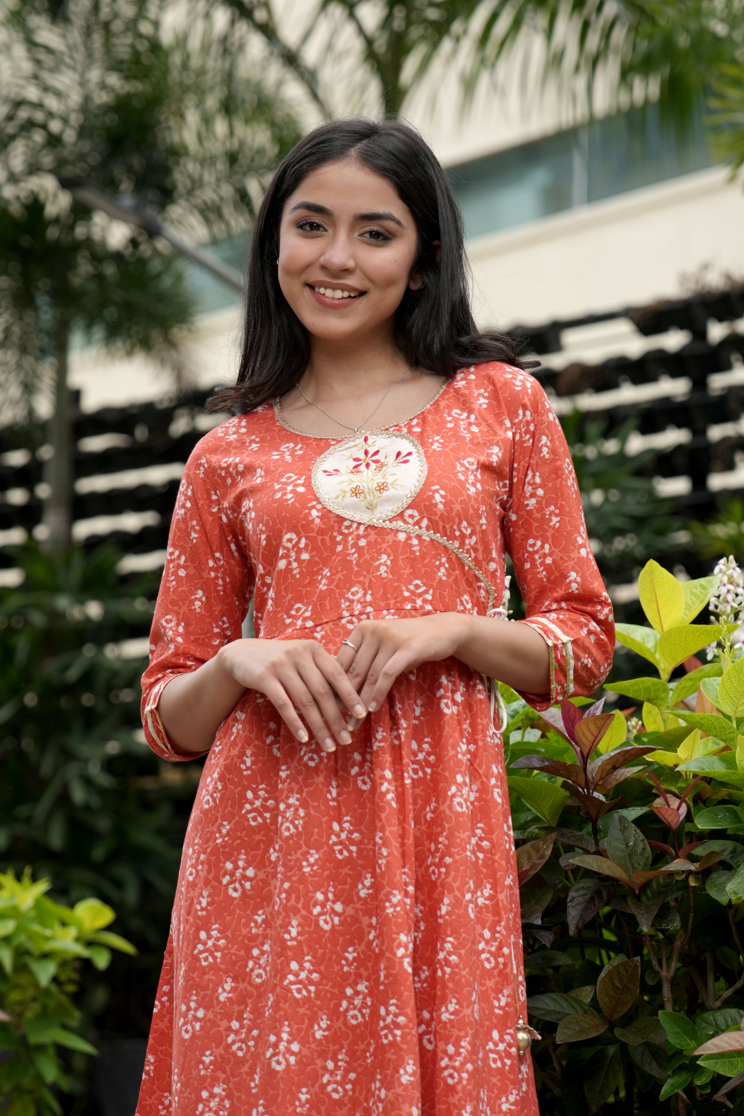 OJASWITA Orange & White Block Print Gown