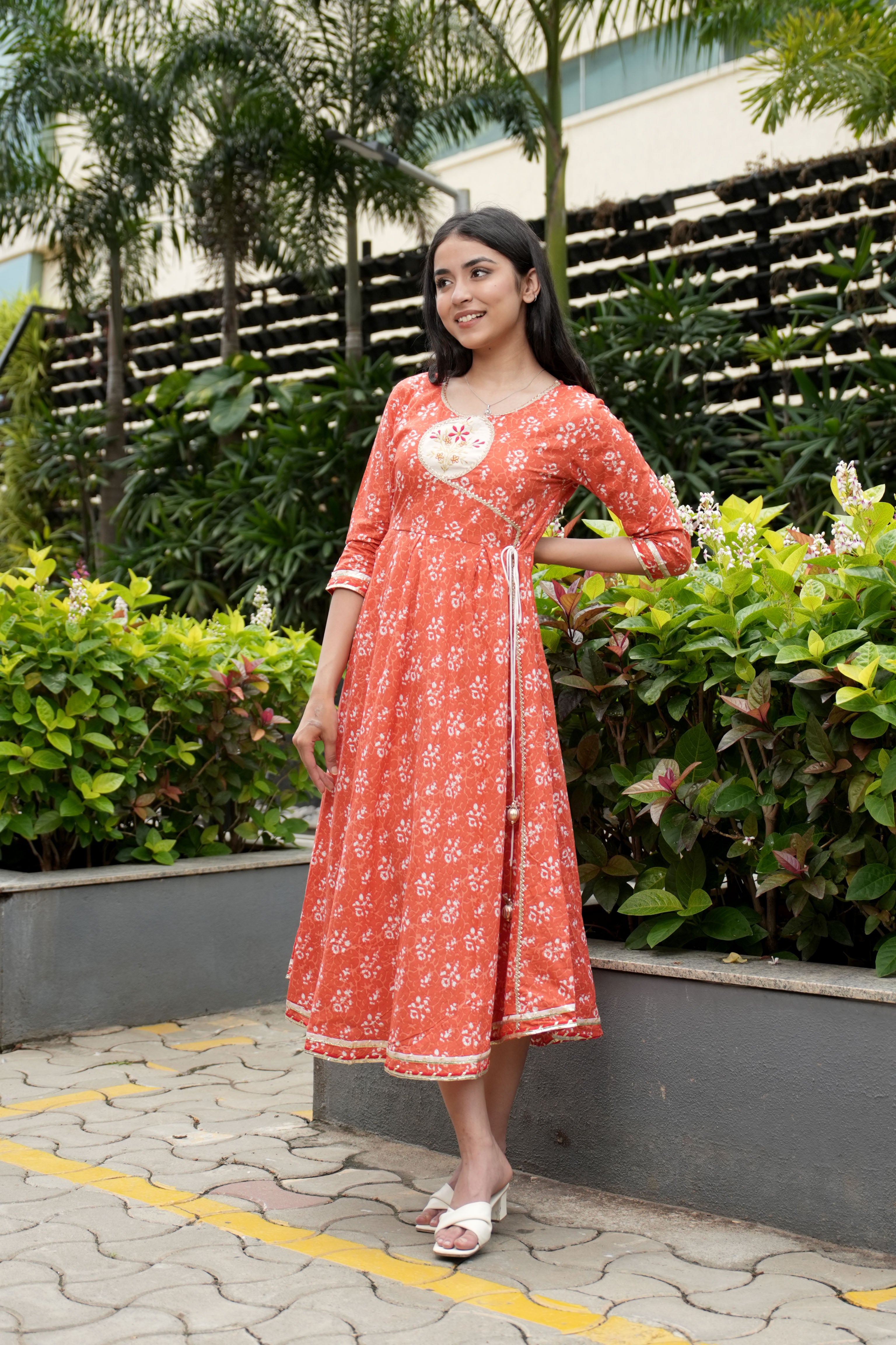 OJASWITA Orange & White Block Print Gown