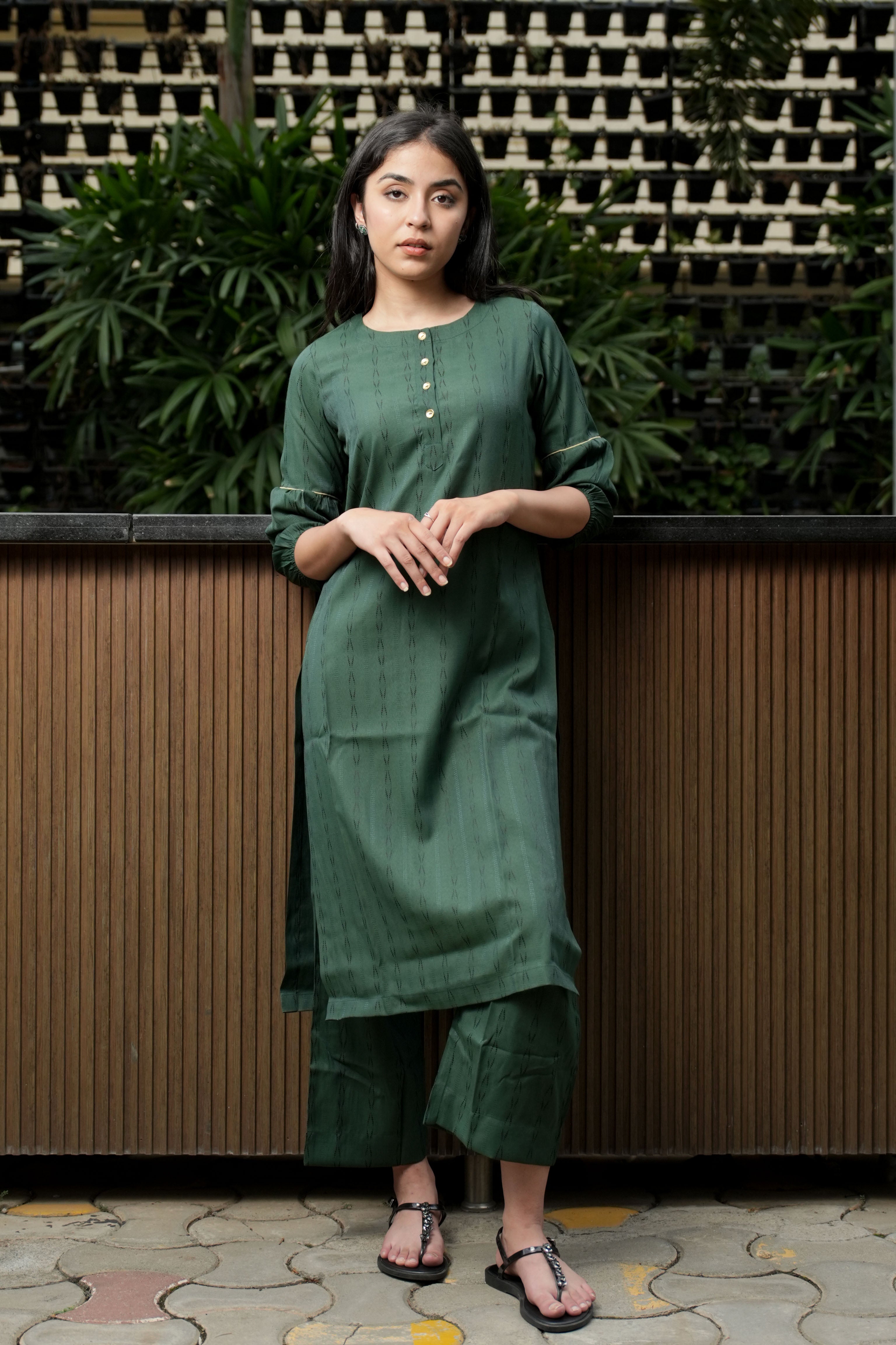 INAKSHINI Emerald Green Double Placket Kurta with Straight Pant