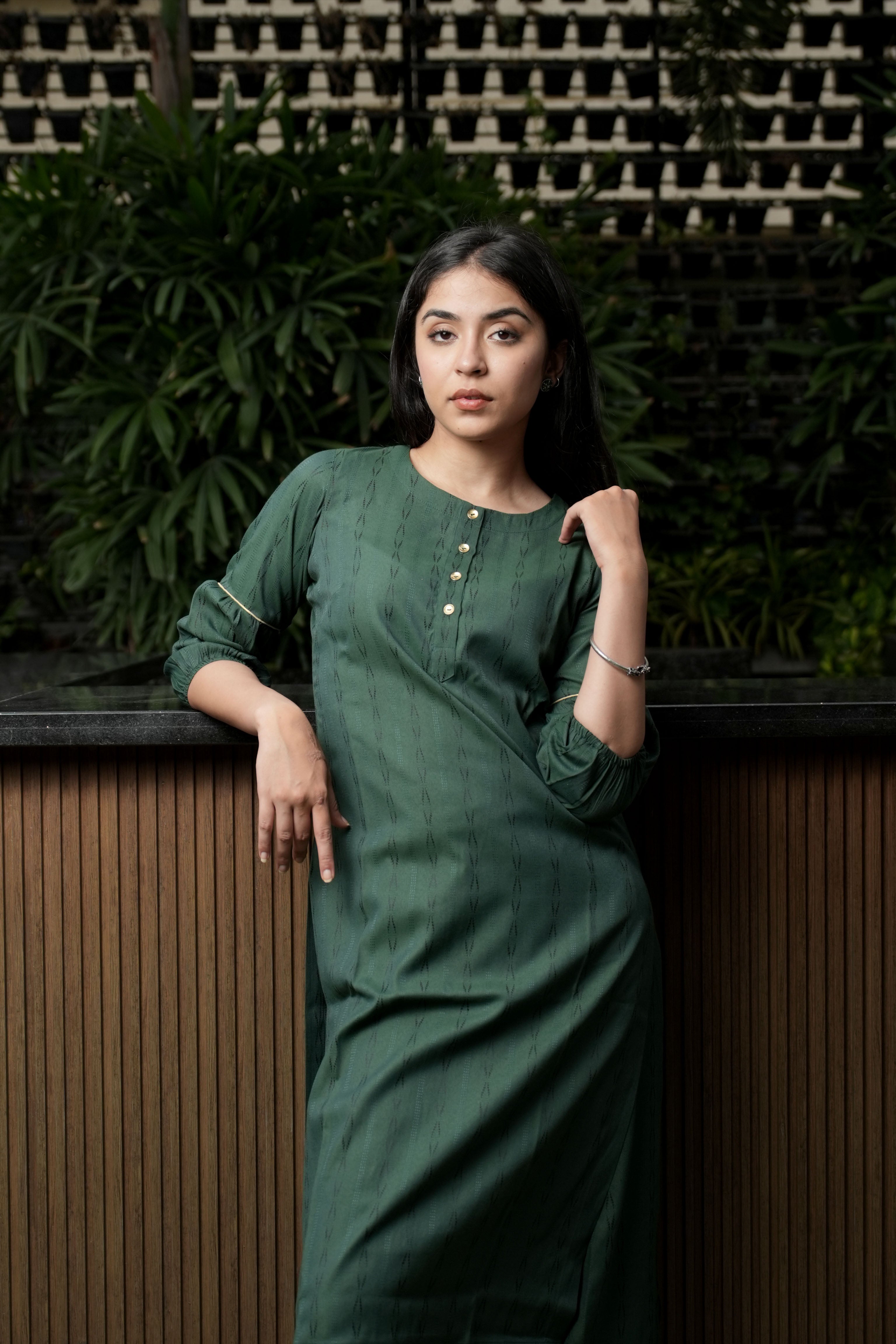 INAKSHINI Emerald Green Double Placket Kurta with Straight Pant