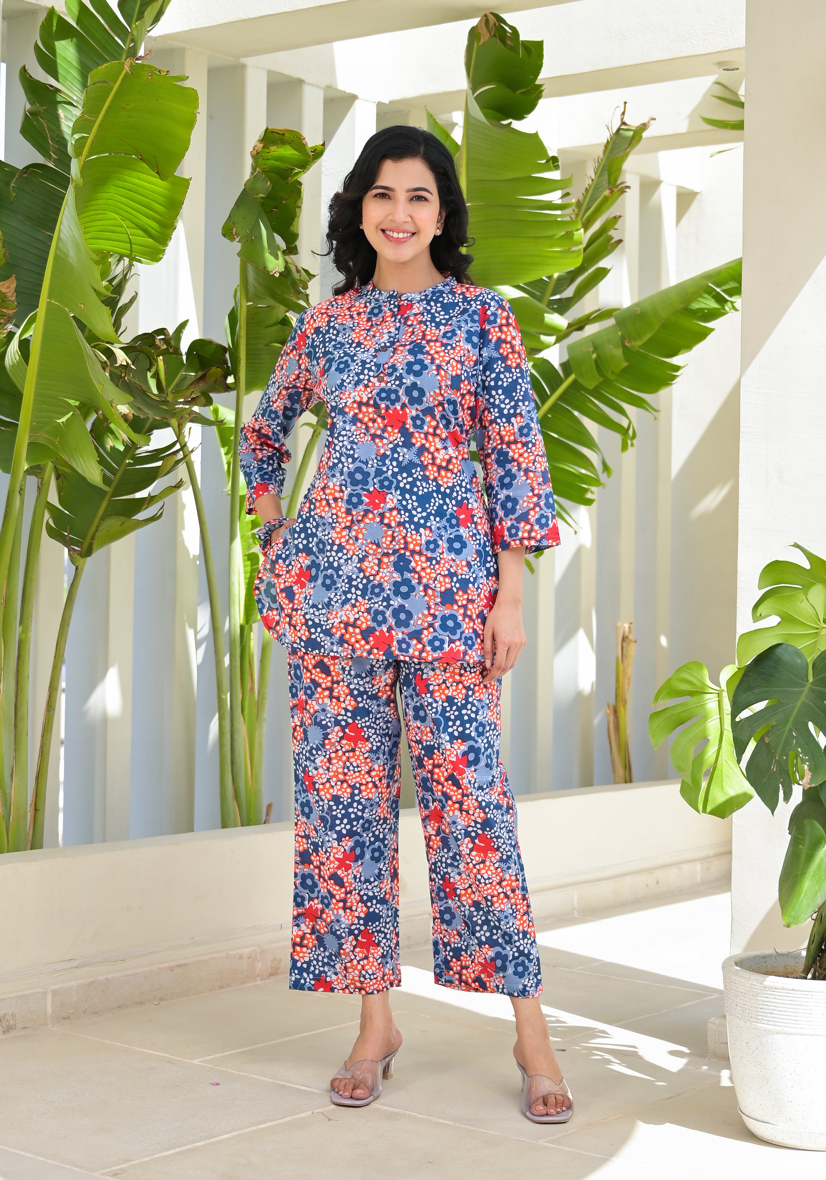 OJASWITA Blue & Orange Floral Print Co-rd Set