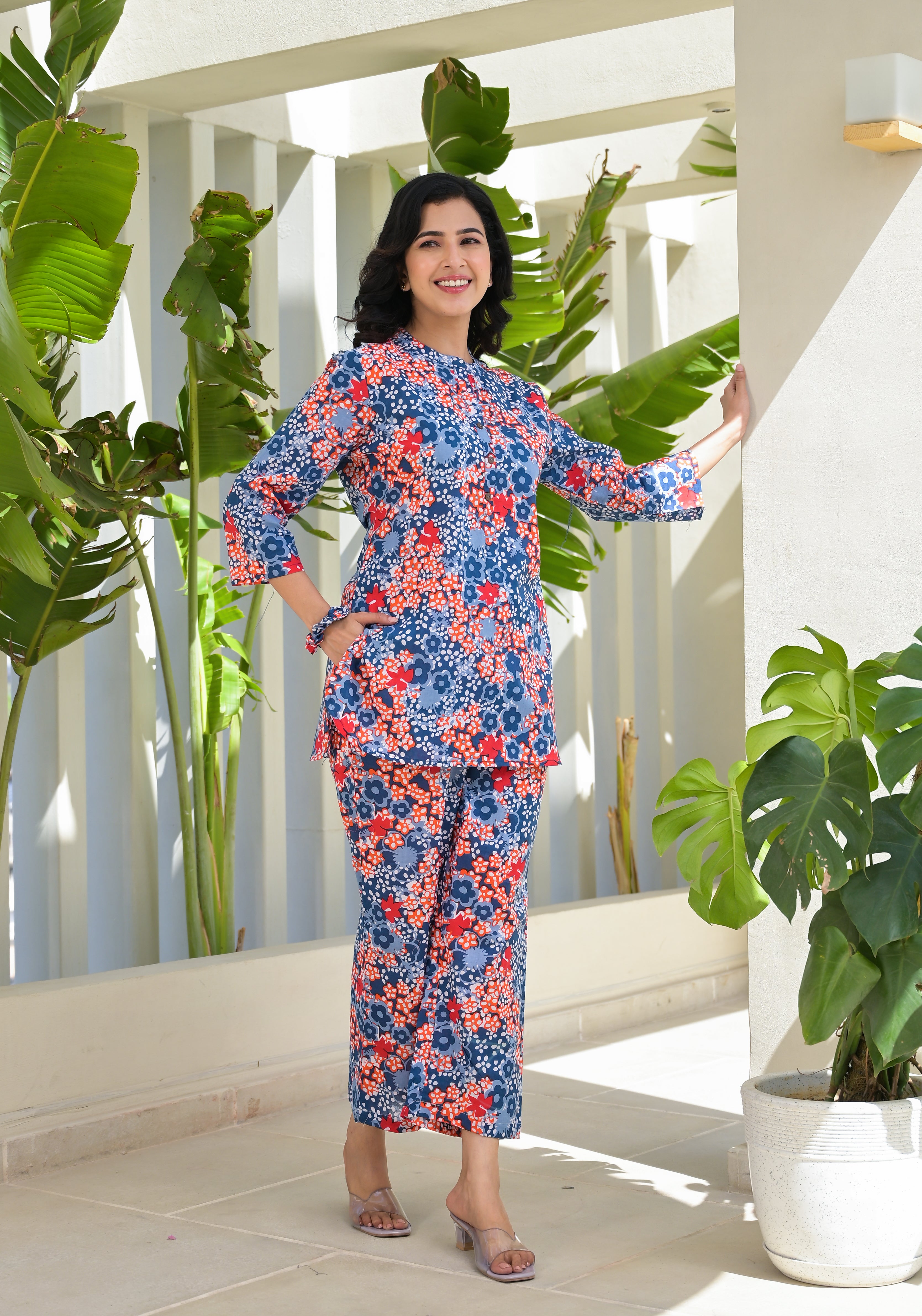 OJASWITA Blue & Orange Floral Print Co-rd Set