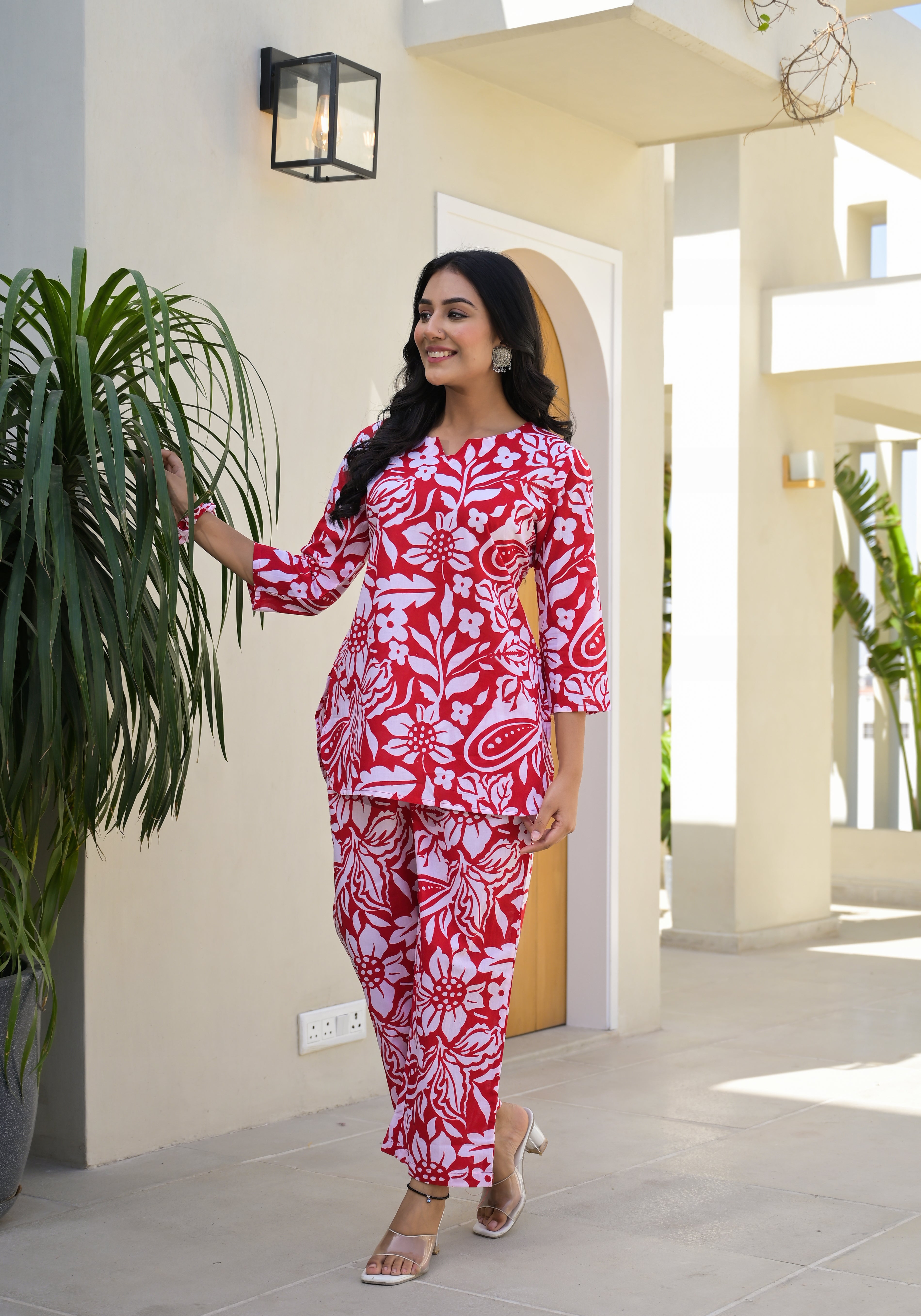 OJASWITA Red & White Floral Print Co-rd Set