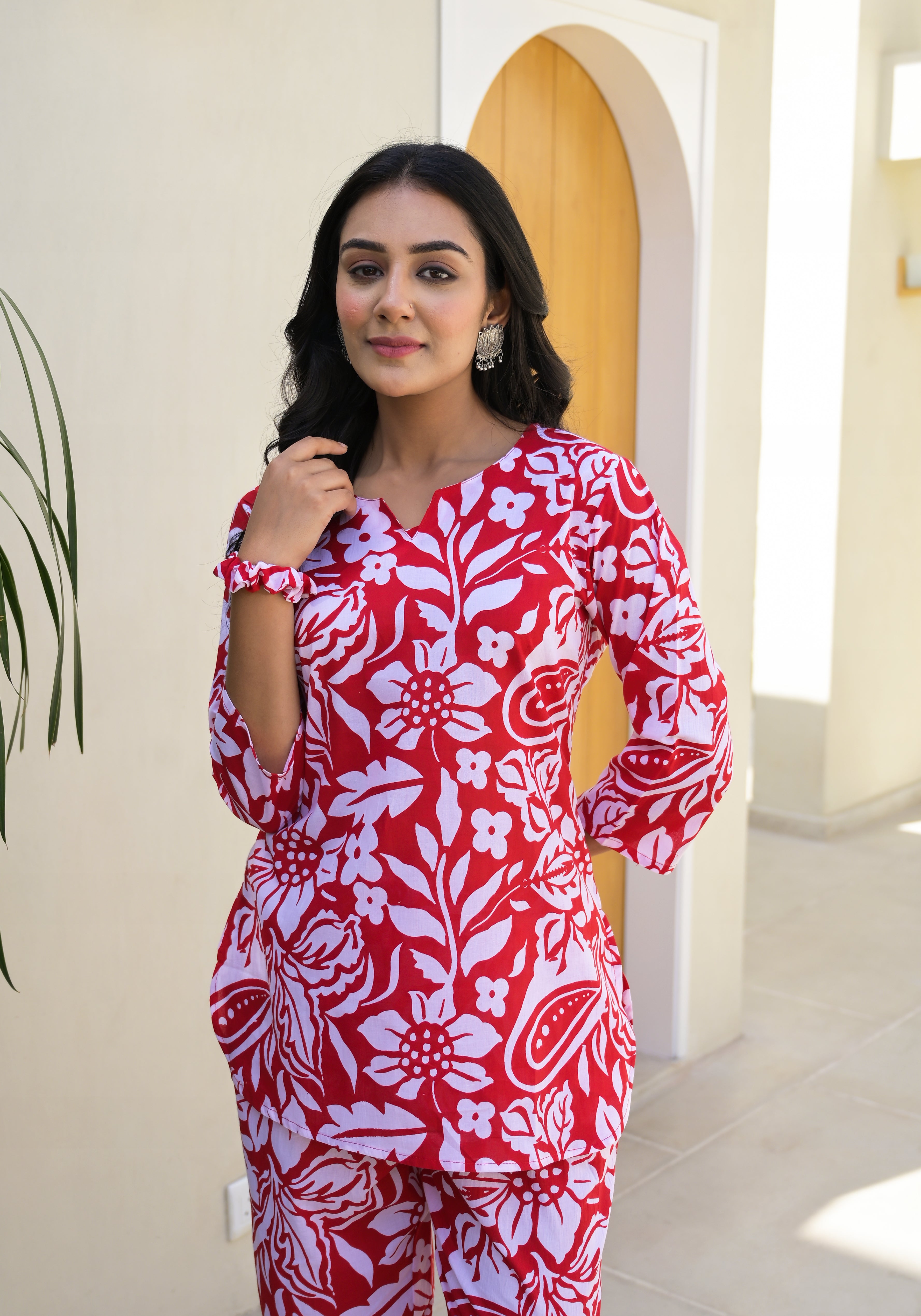 OJASWITA Red & White Floral Print Co-rd Set