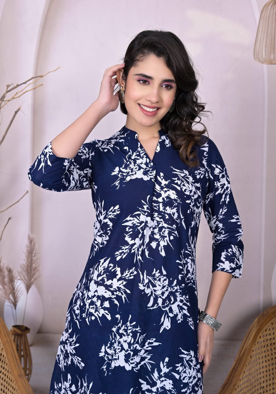 OJASWITA Blue & White Floral print kurti set