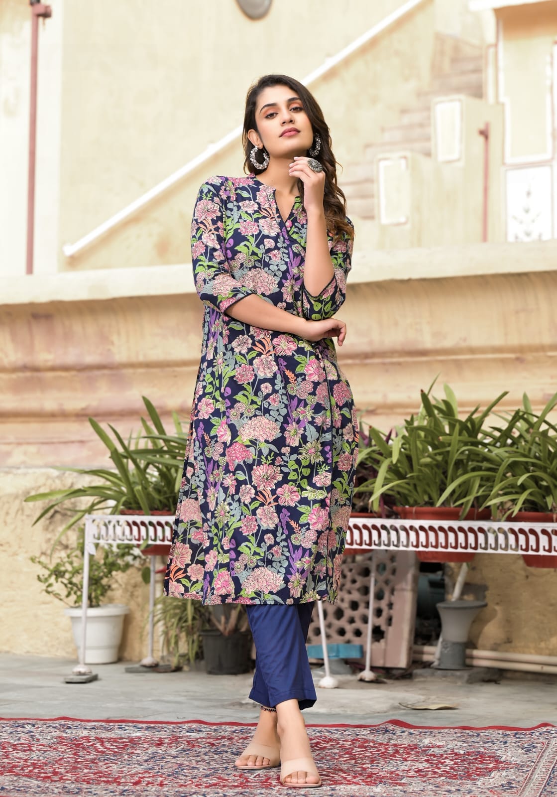 OJASWITA Angrakha Dark Blue Kurti Set