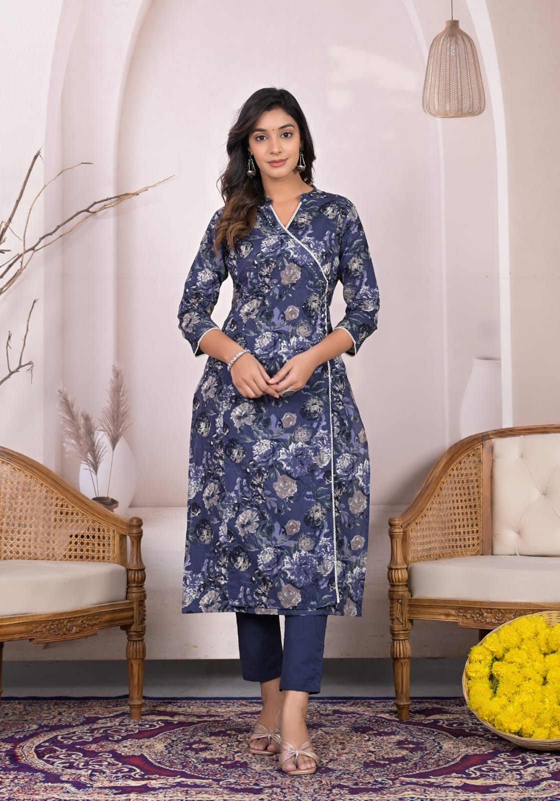 OJASWITA Angrakha Blue Kurti Set