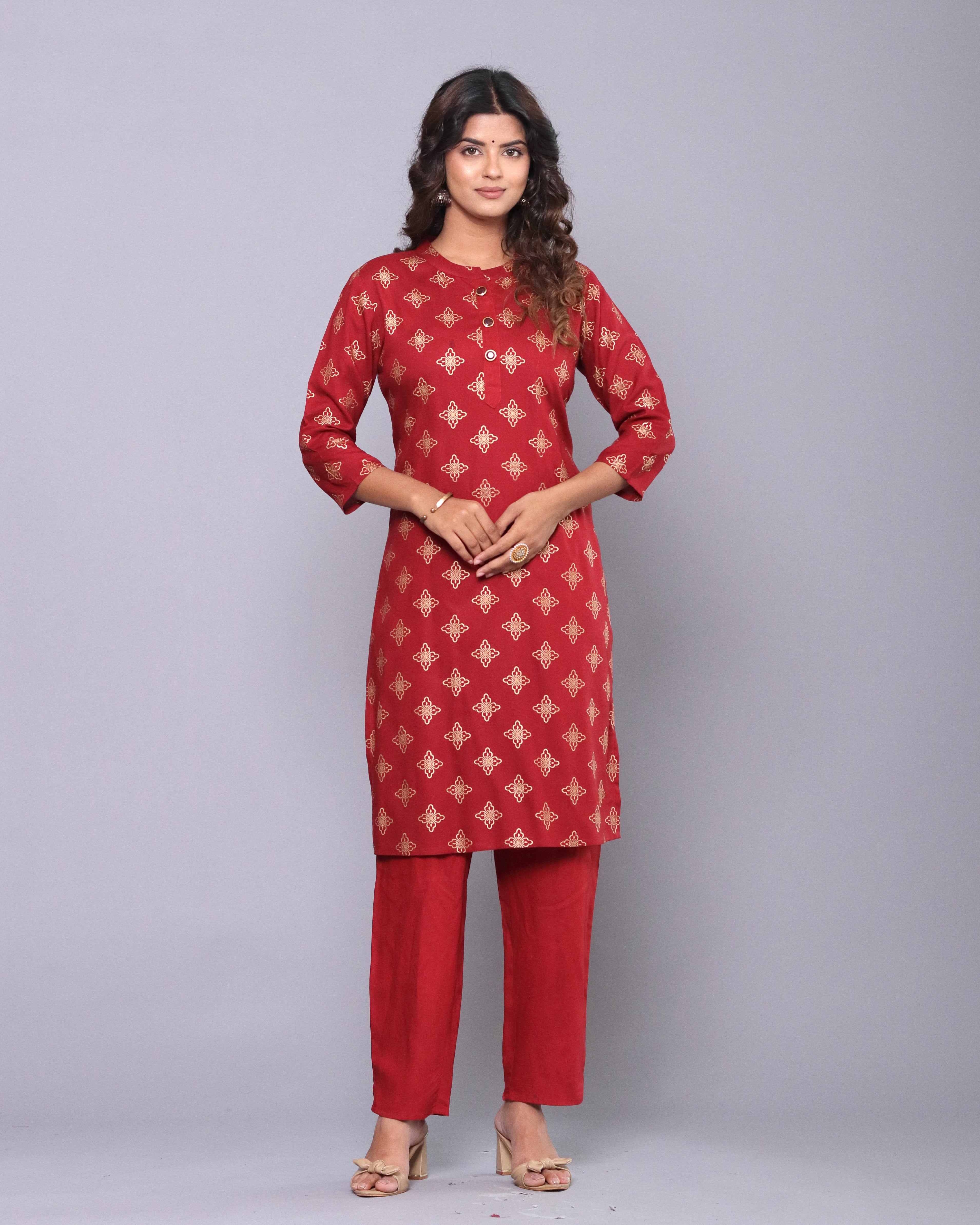 OJASWITA Red Foil Print Kurti Set