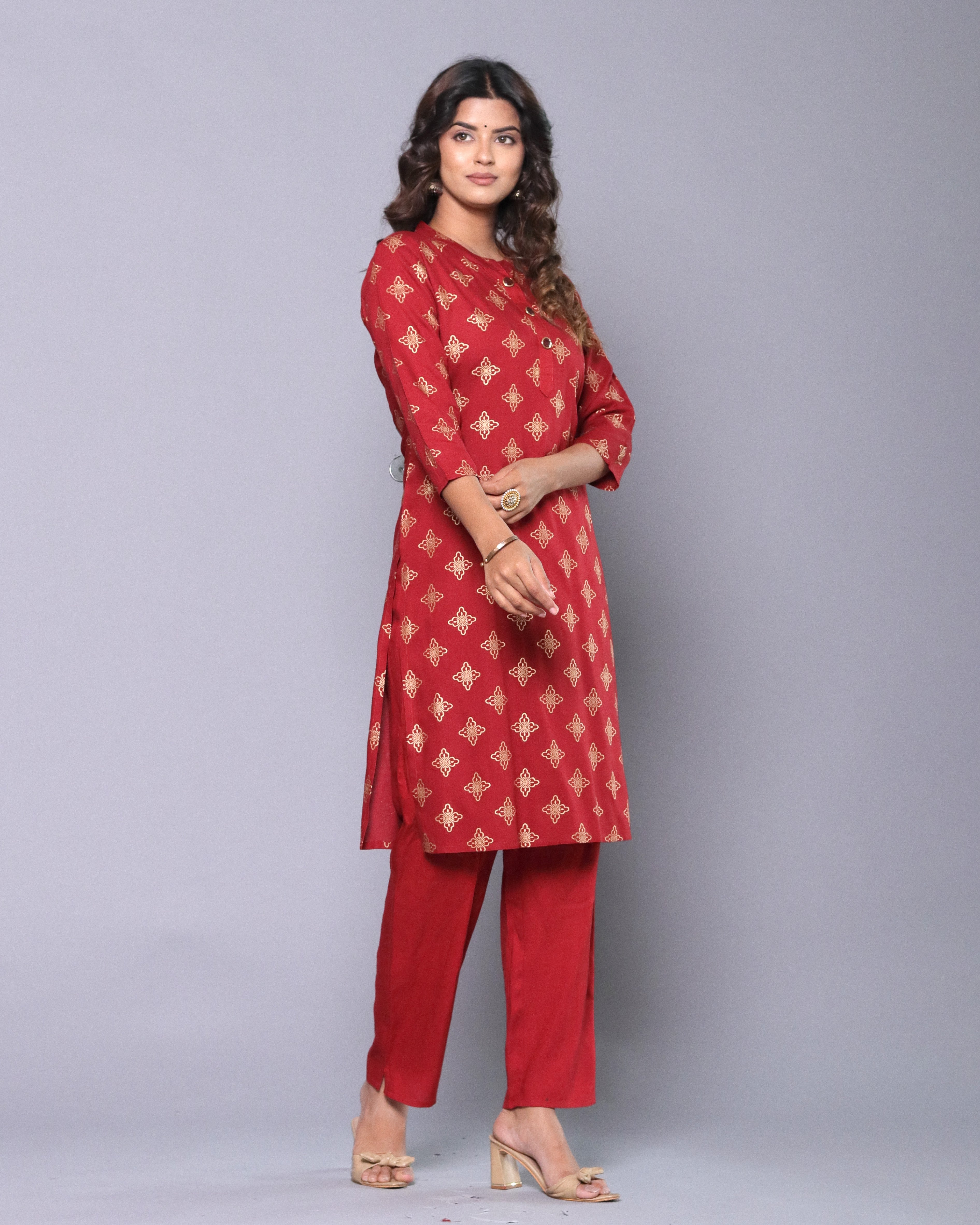 OJASWITA Red Foil Print Kurti Set