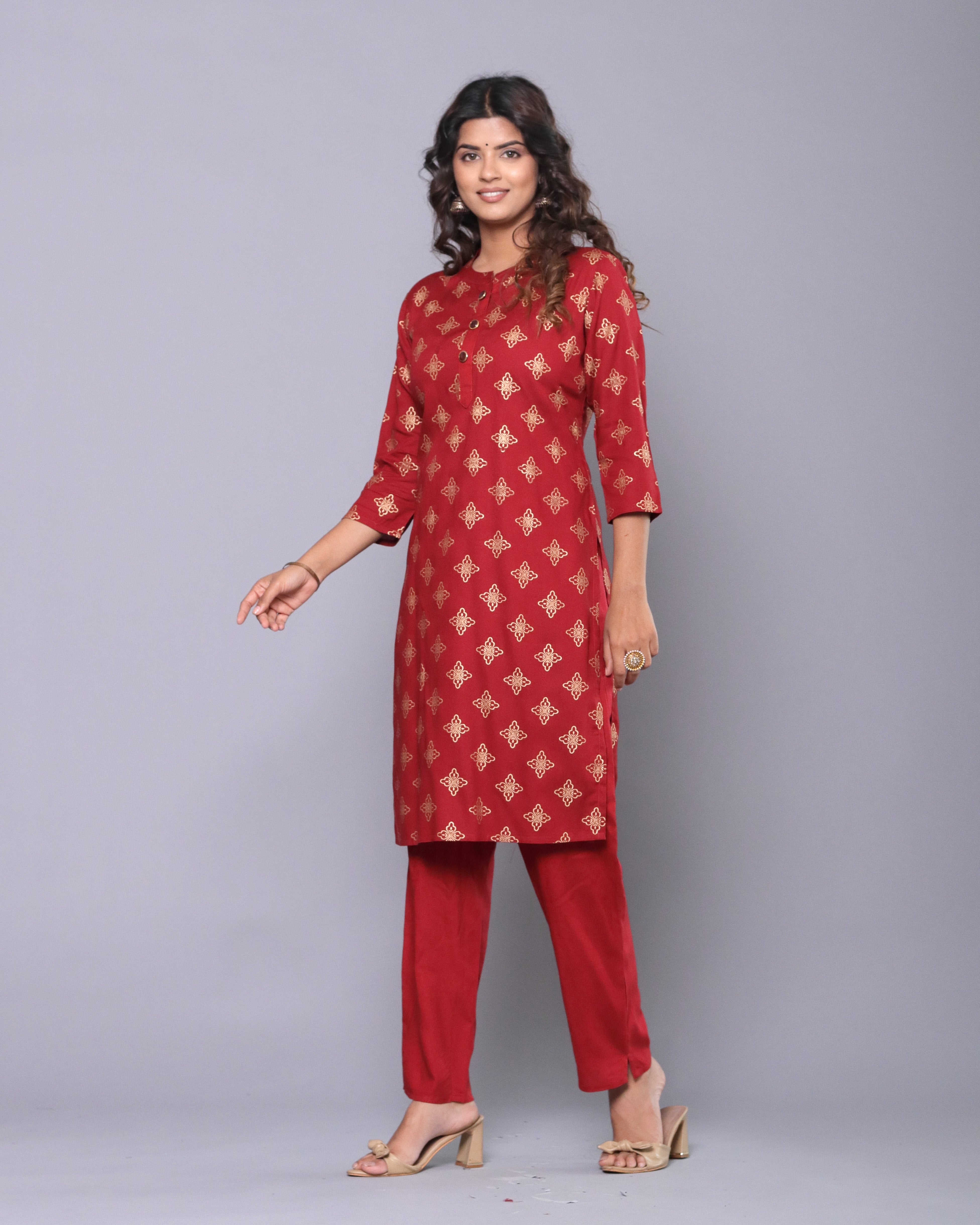 OJASWITA Red Foil Print Kurti Set