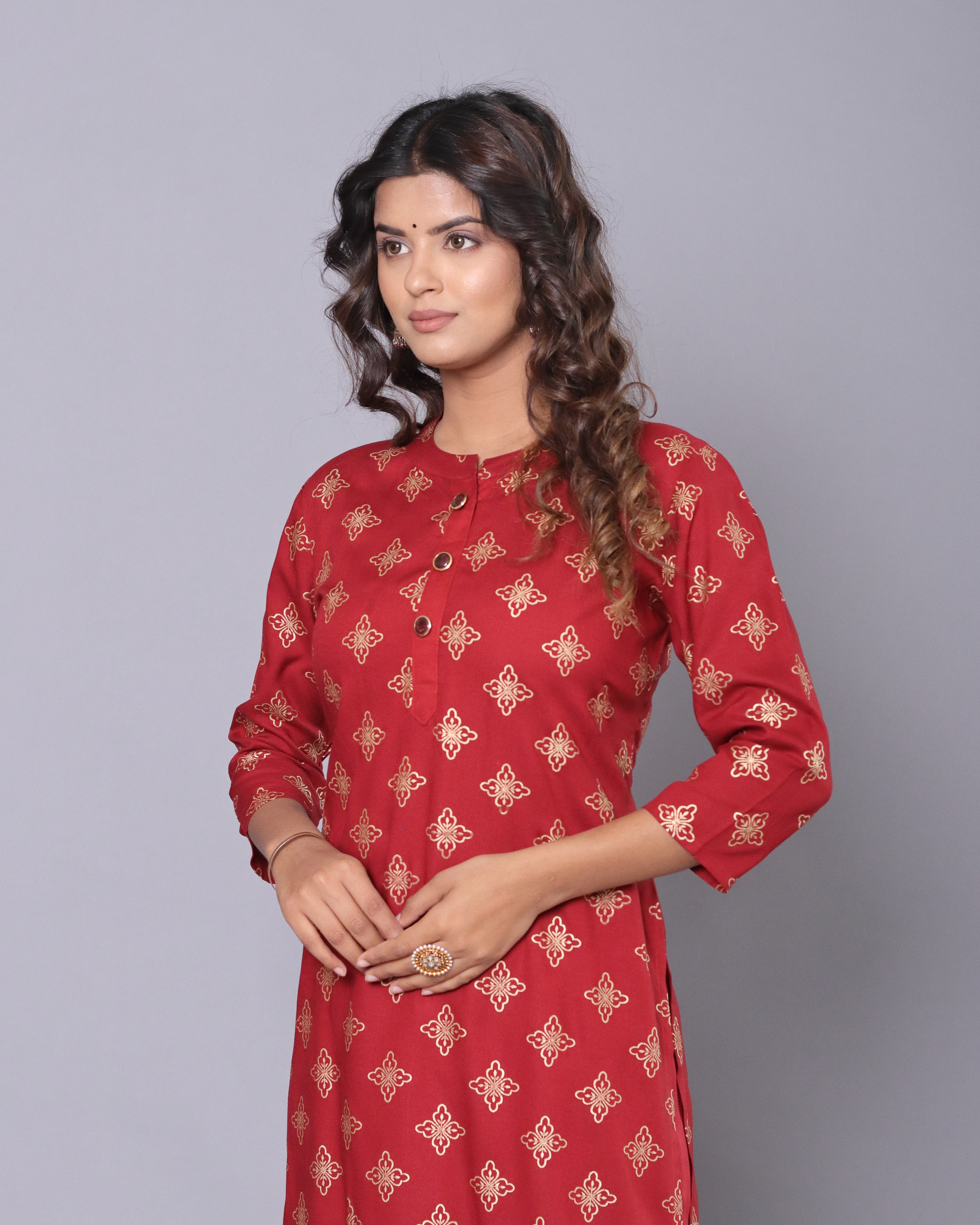 OJASWITA Red Foil Print Kurti Set