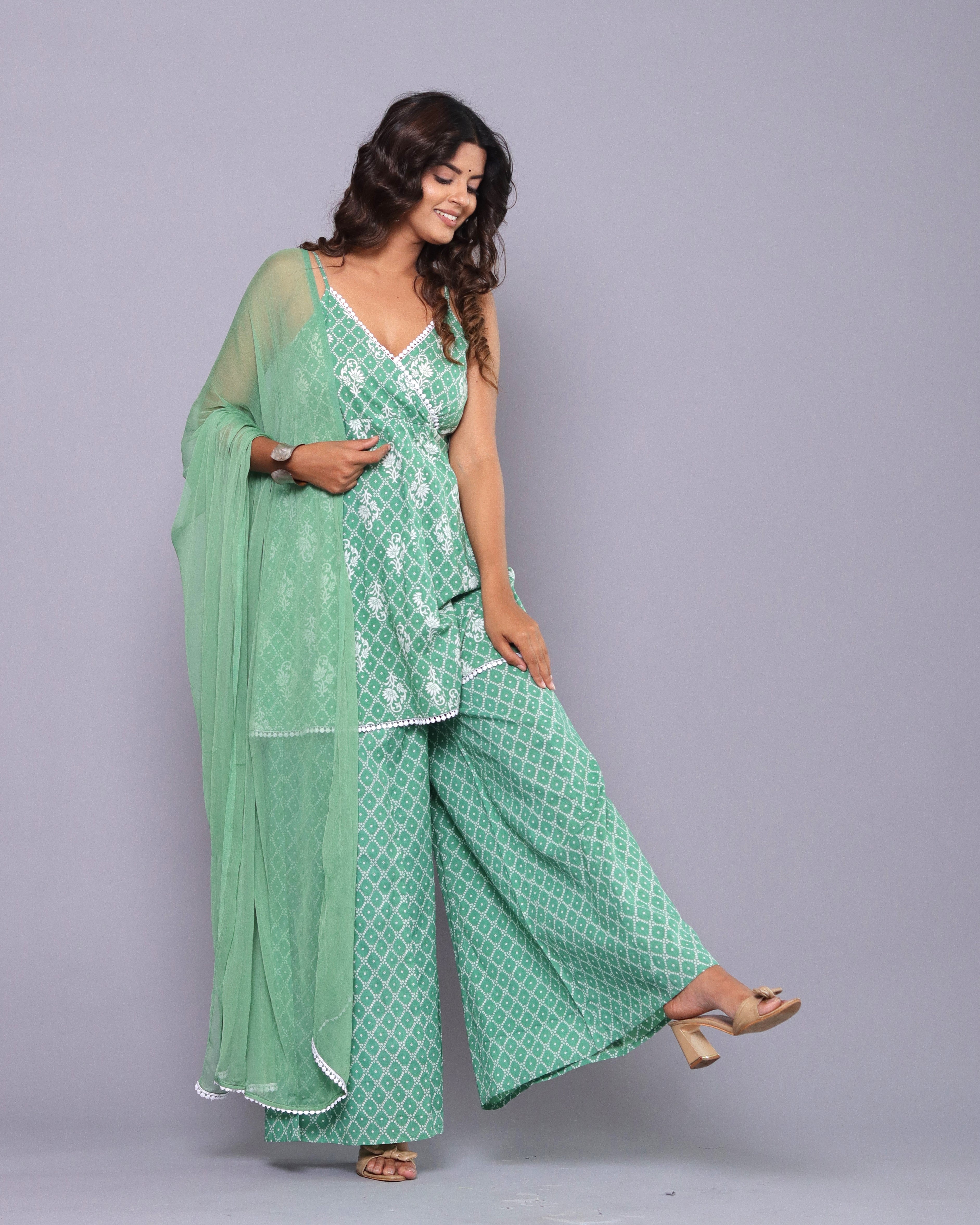 OJASWITA Mint Green Kurti Palazzo with Duppata