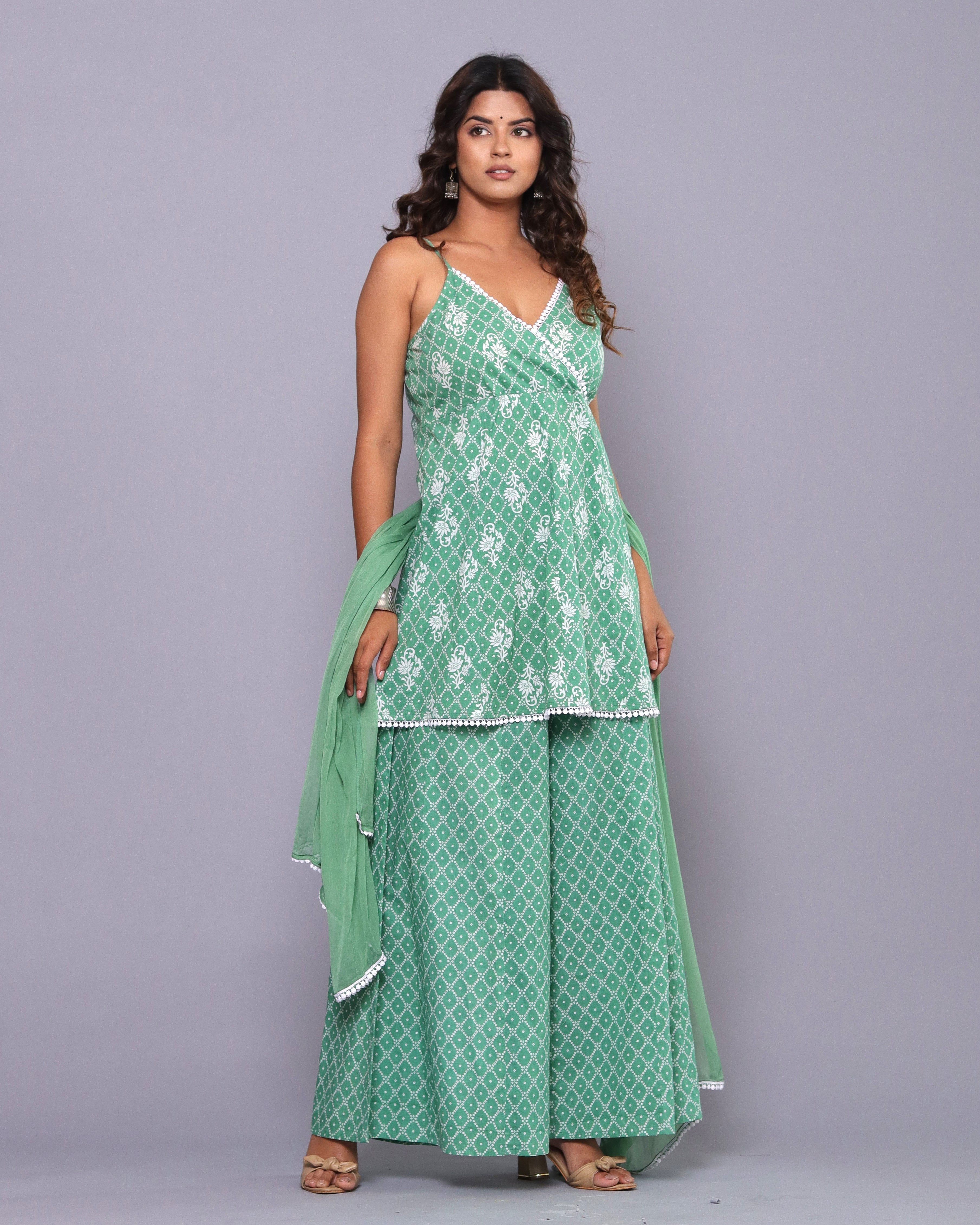 OJASWITA Mint Green Kurti Palazzo with Duppata