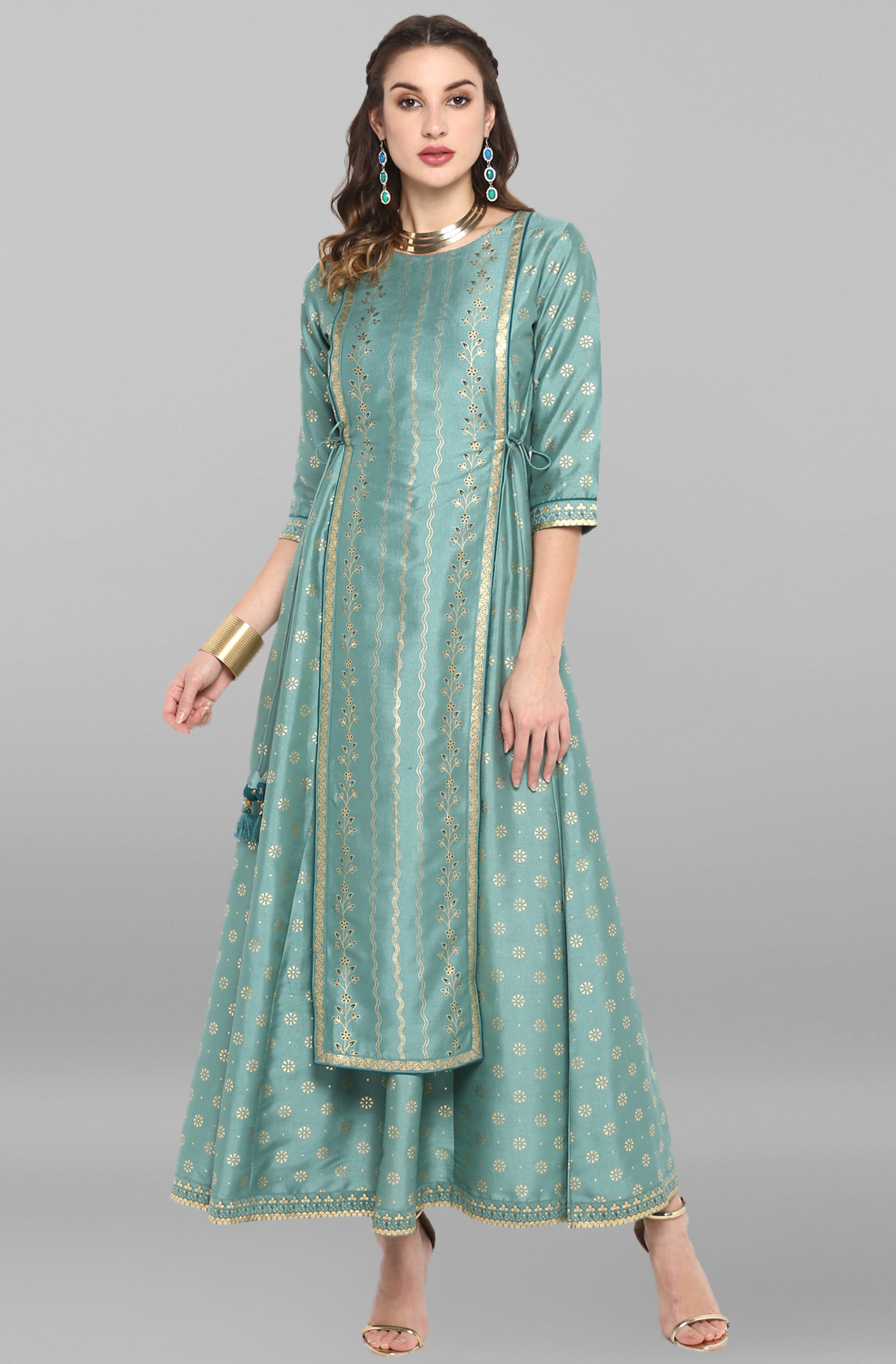 INAKSHINI Sea Green & Gold Foil Print Flared Kurti