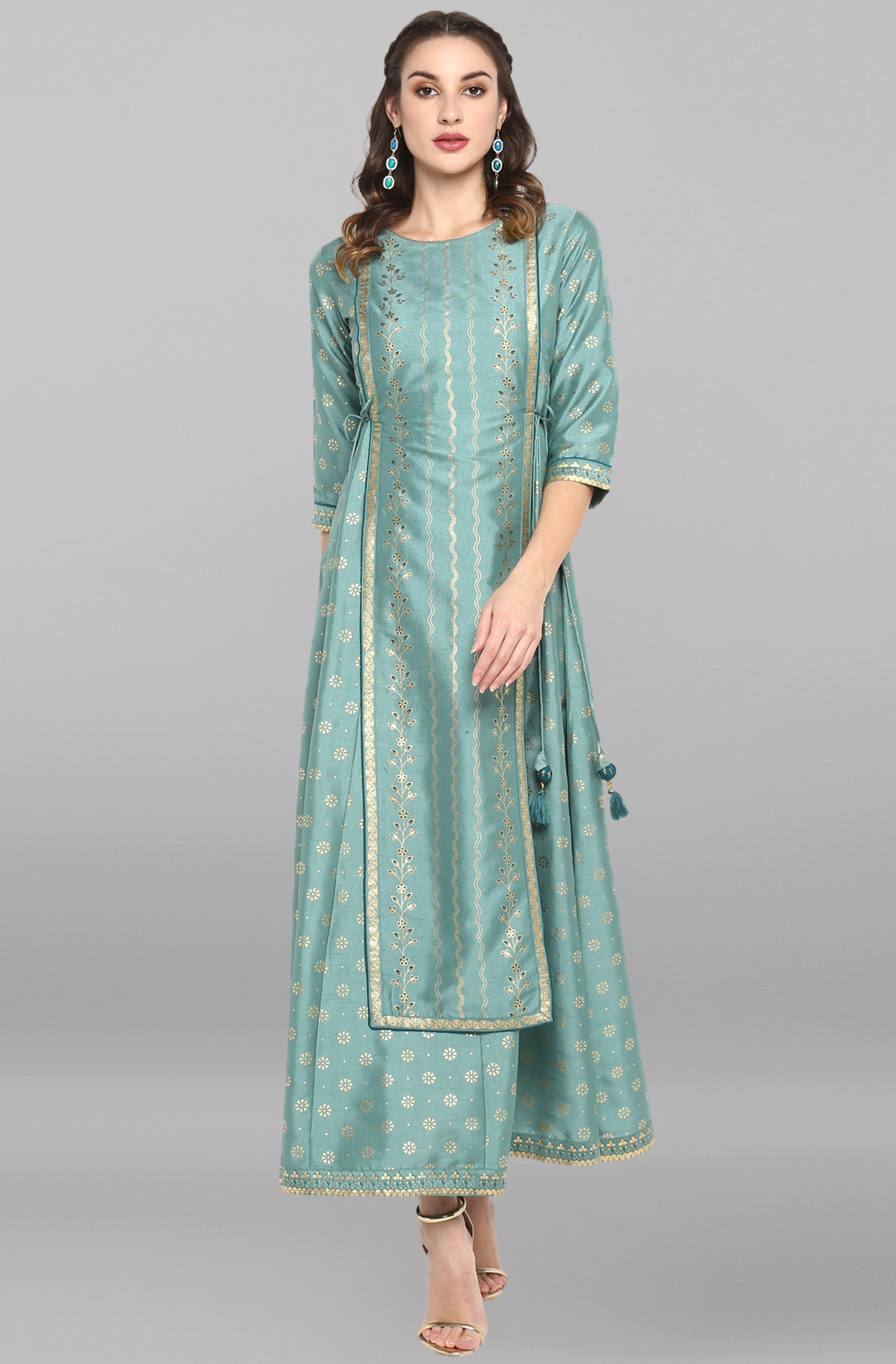 INAKSHINI Sea Green & Gold Foil Print Flared Kurti