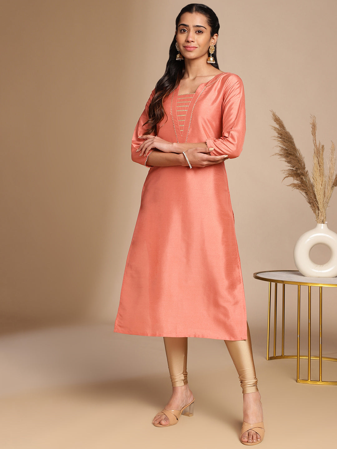 INAKSHINI Peach Solid Flared Kurti