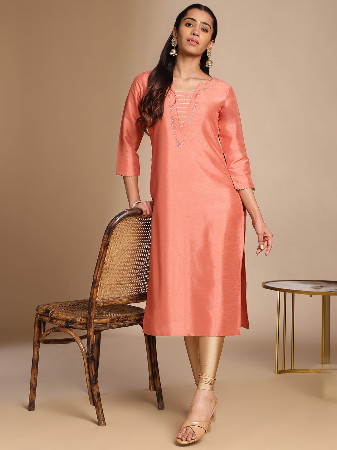 INAKSHINI Peach Solid Flared Kurti