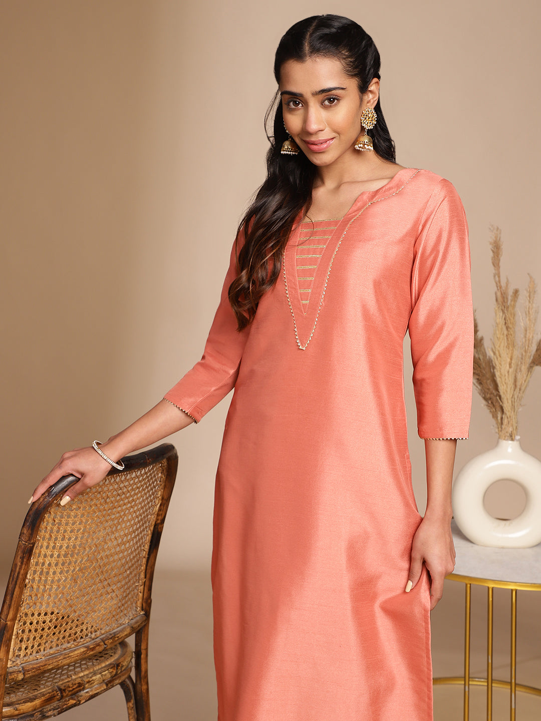 INAKSHINI Peach Solid Flared Kurti