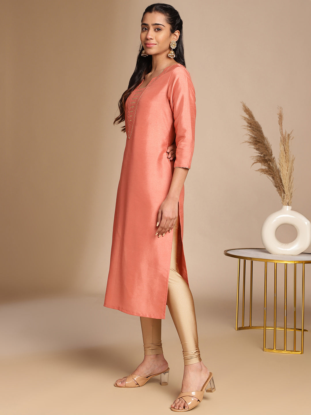 INAKSHINI Peach Solid Flared Kurti