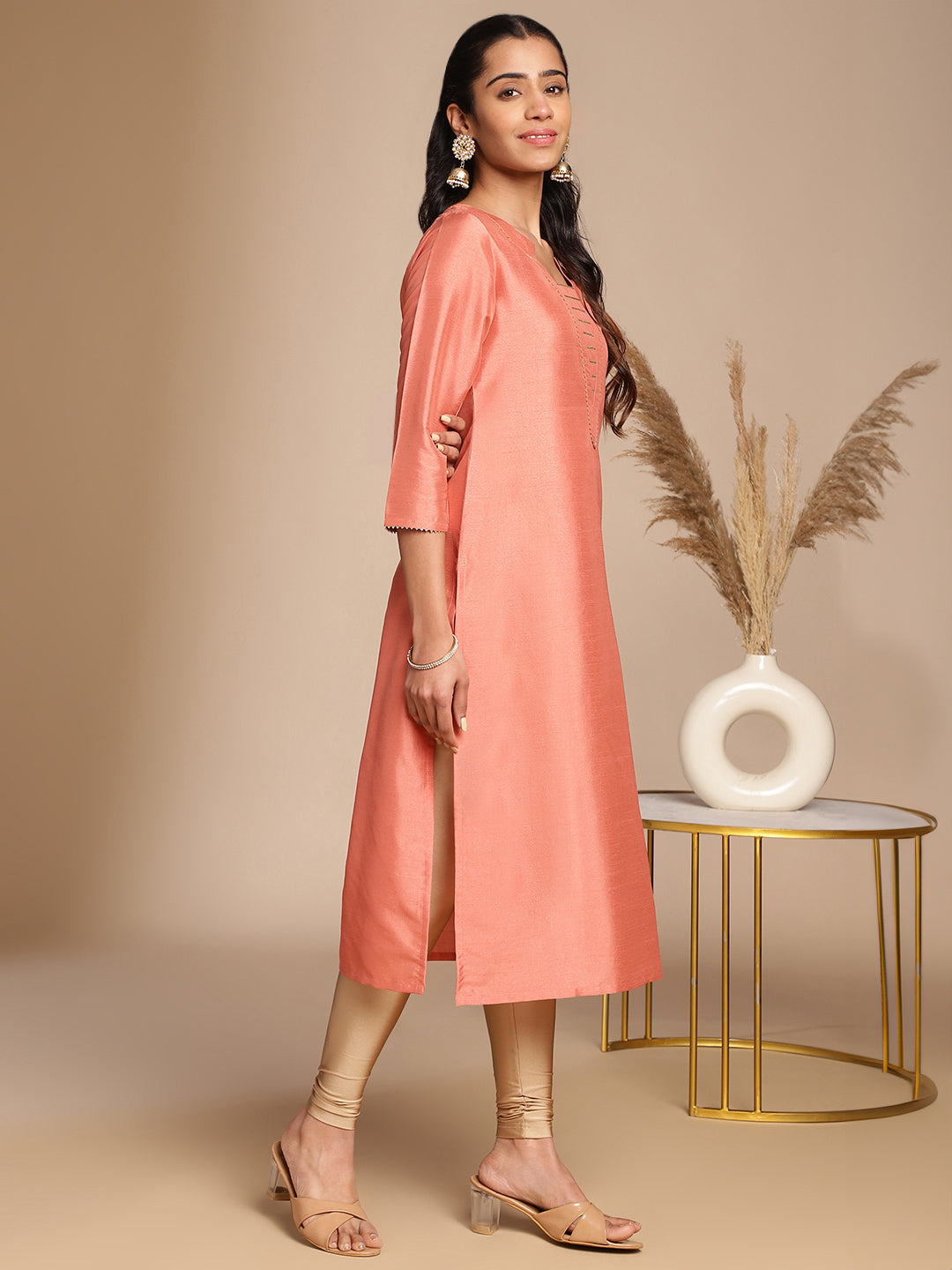 INAKSHINI Peach Solid Flared Kurti