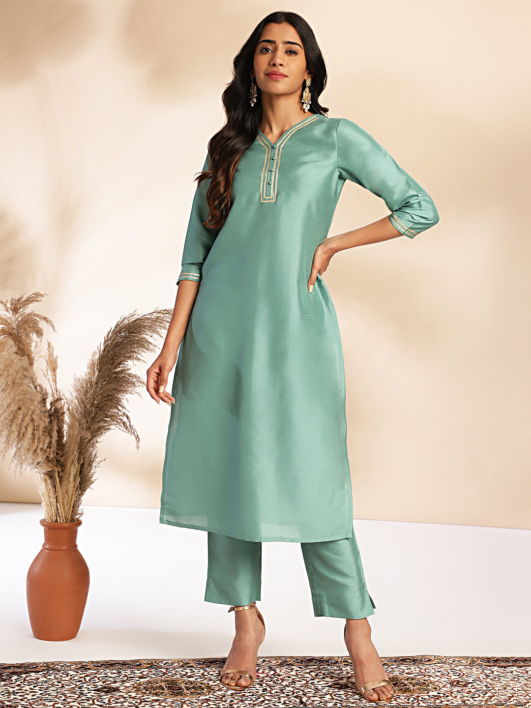 INAKSHINI Sea Green Solid Kurta with Straight Pant | Kurti Set for Woman