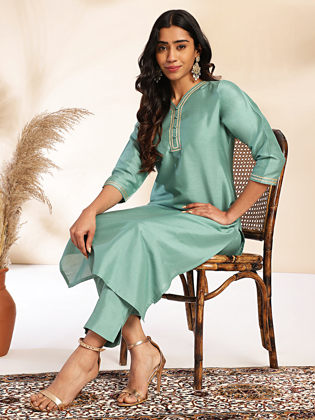 INAKSHINI Sea Green Solid Kurta with Straight Pant | Kurti Set for Woman