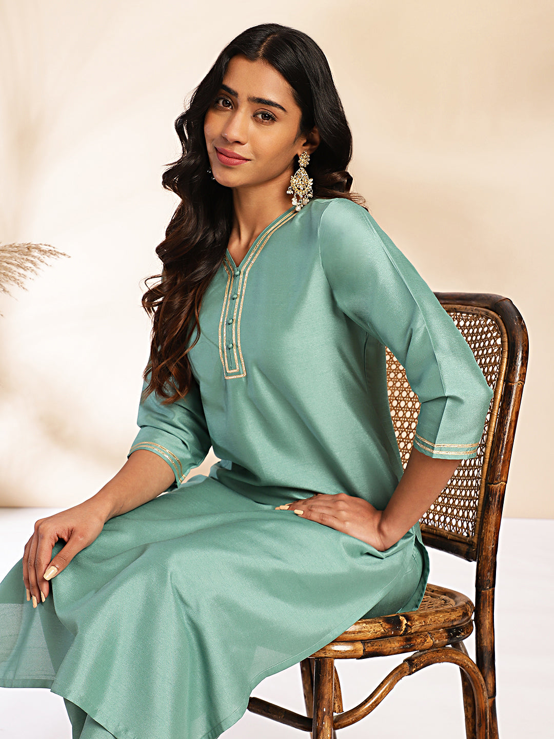 INAKSHINI Sea Green Solid Kurta with Straight Pant | Kurti Set for Woman