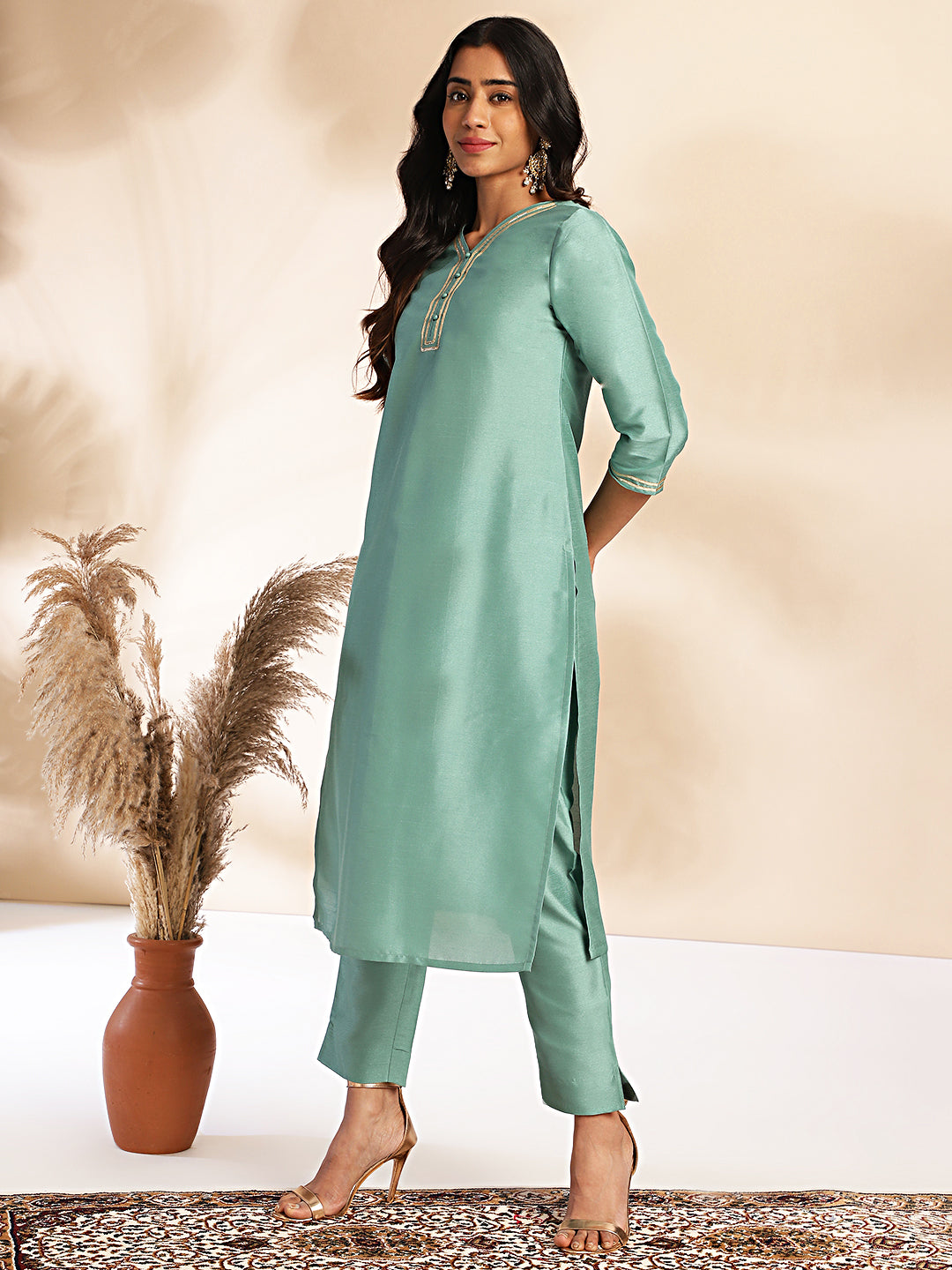 INAKSHINI Sea Green Solid Kurta with Straight Pant | Kurti Set for Woman