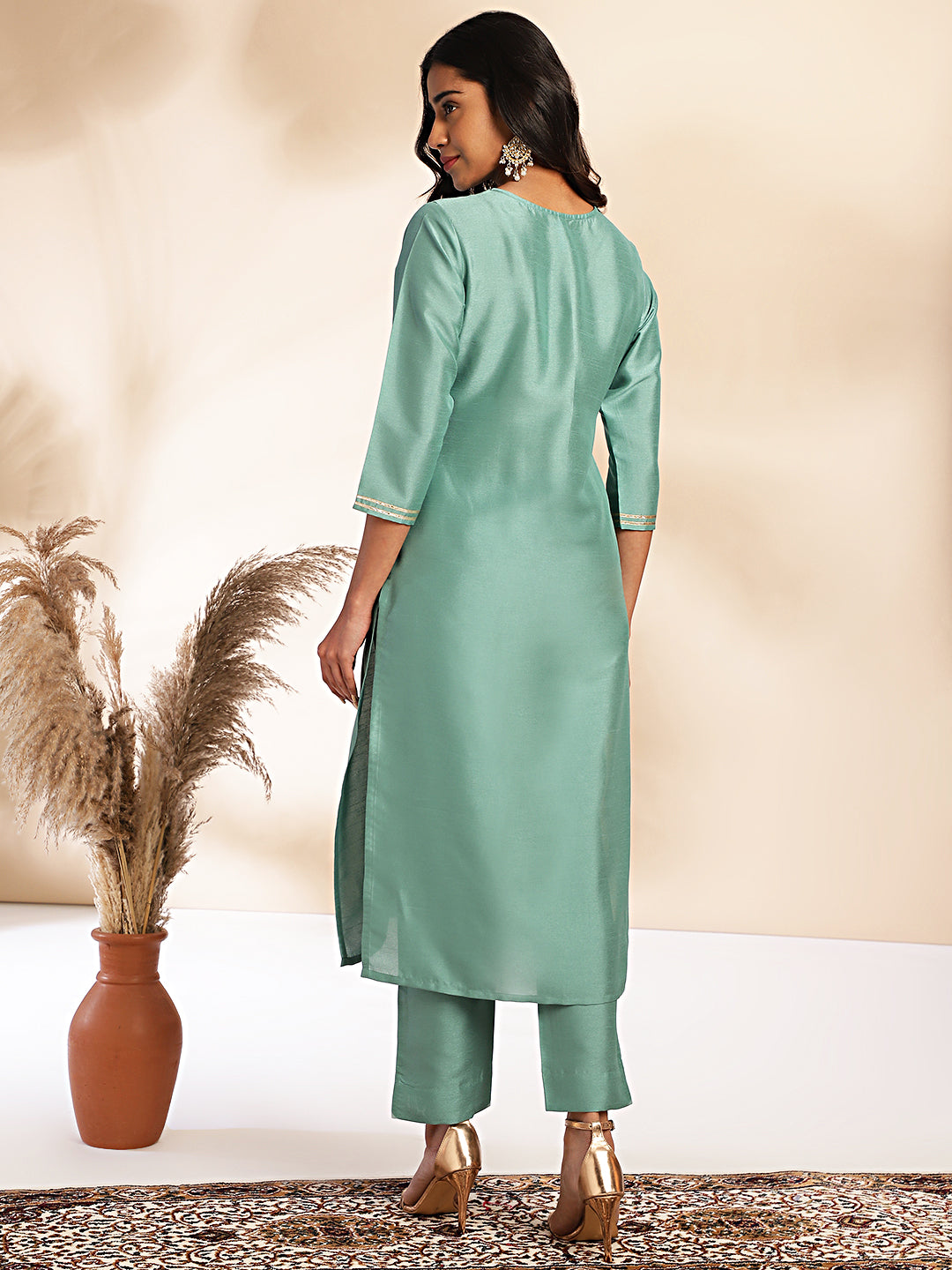 INAKSHINI Sea Green Solid Kurta with Straight Pant | Kurti Set for Woman