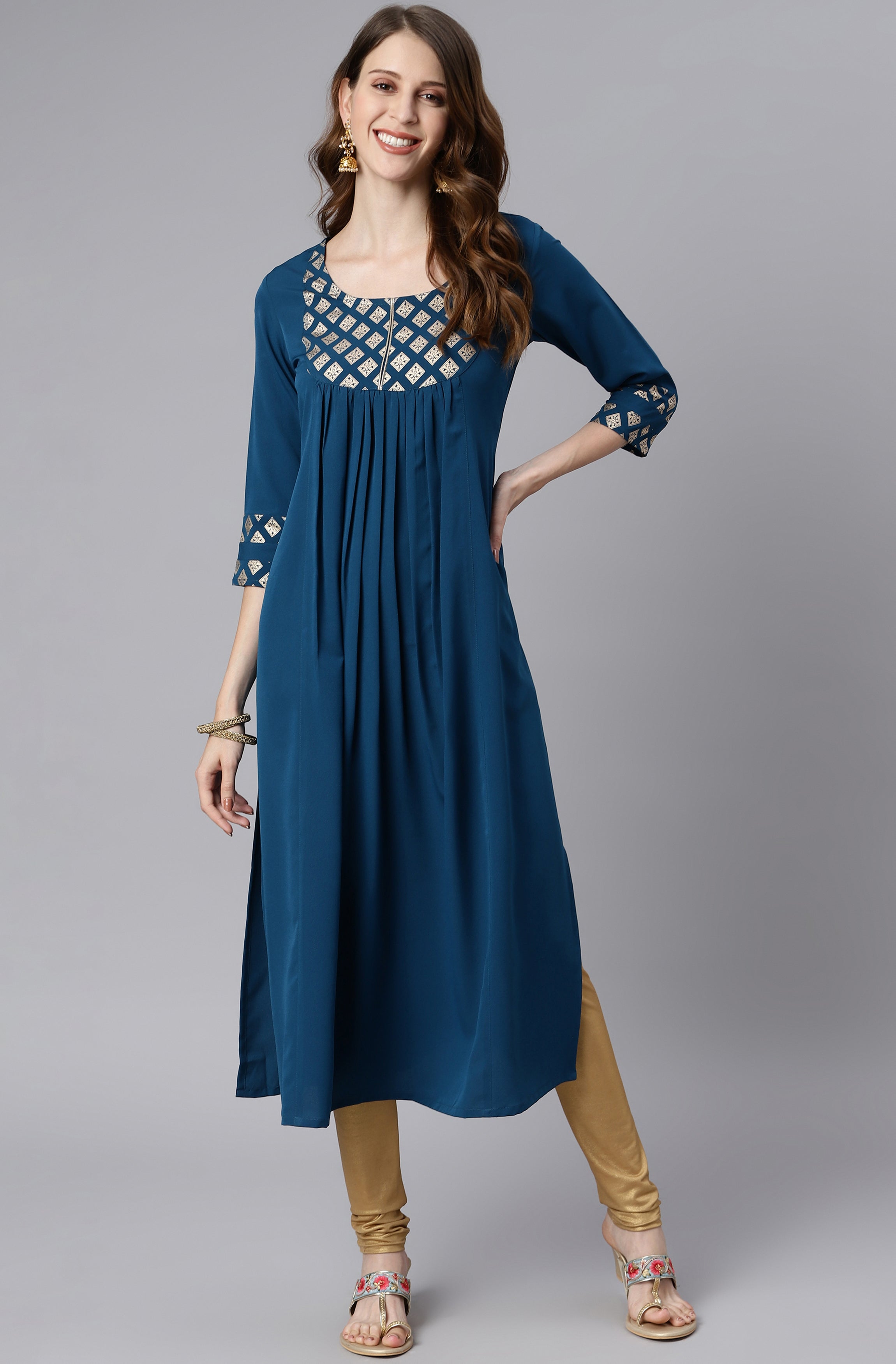 INAKSHINI Teal & Gold Foil Print Straight Kurti