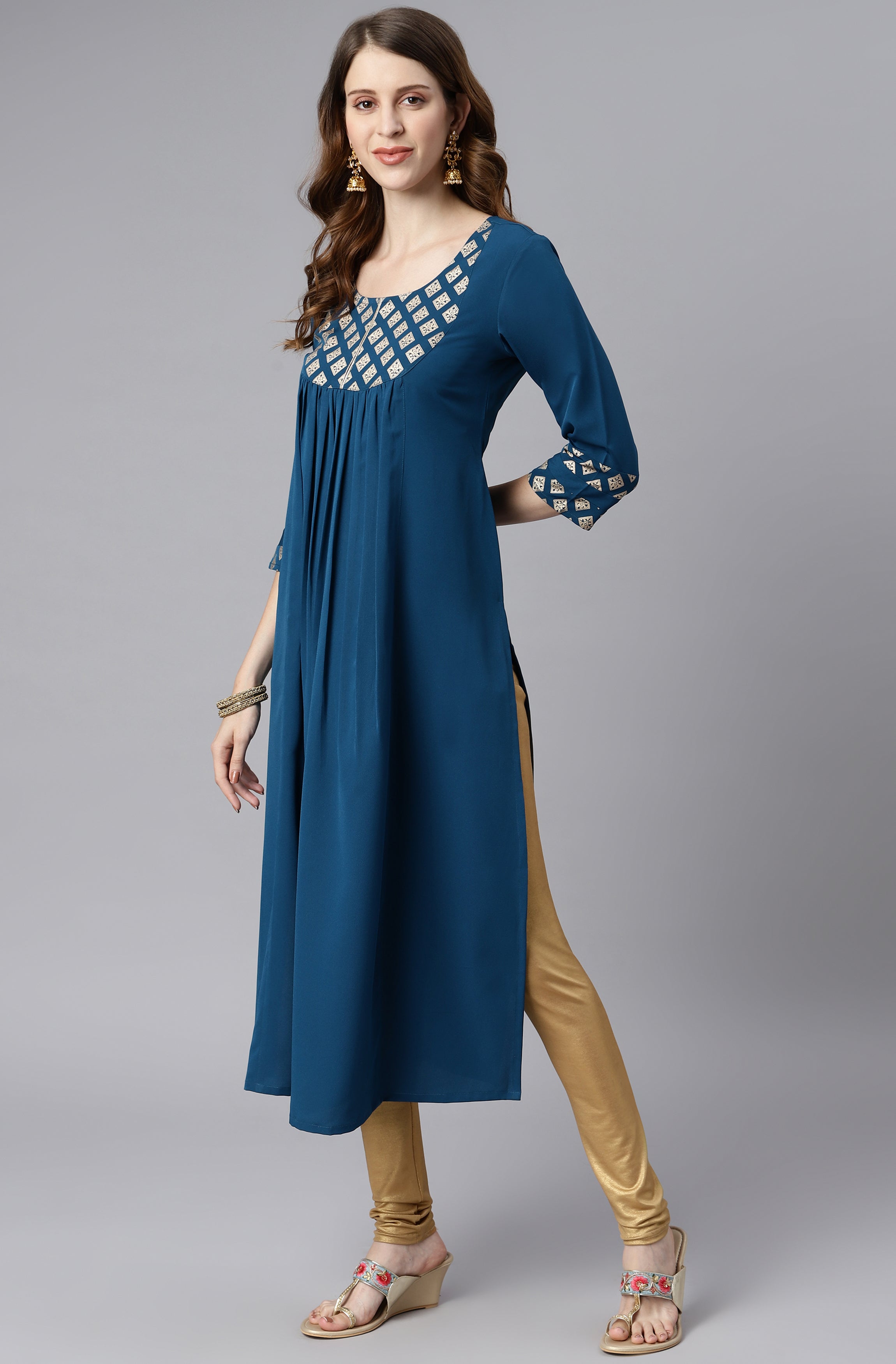 INAKSHINI Teal & Gold Foil Print Straight Kurti