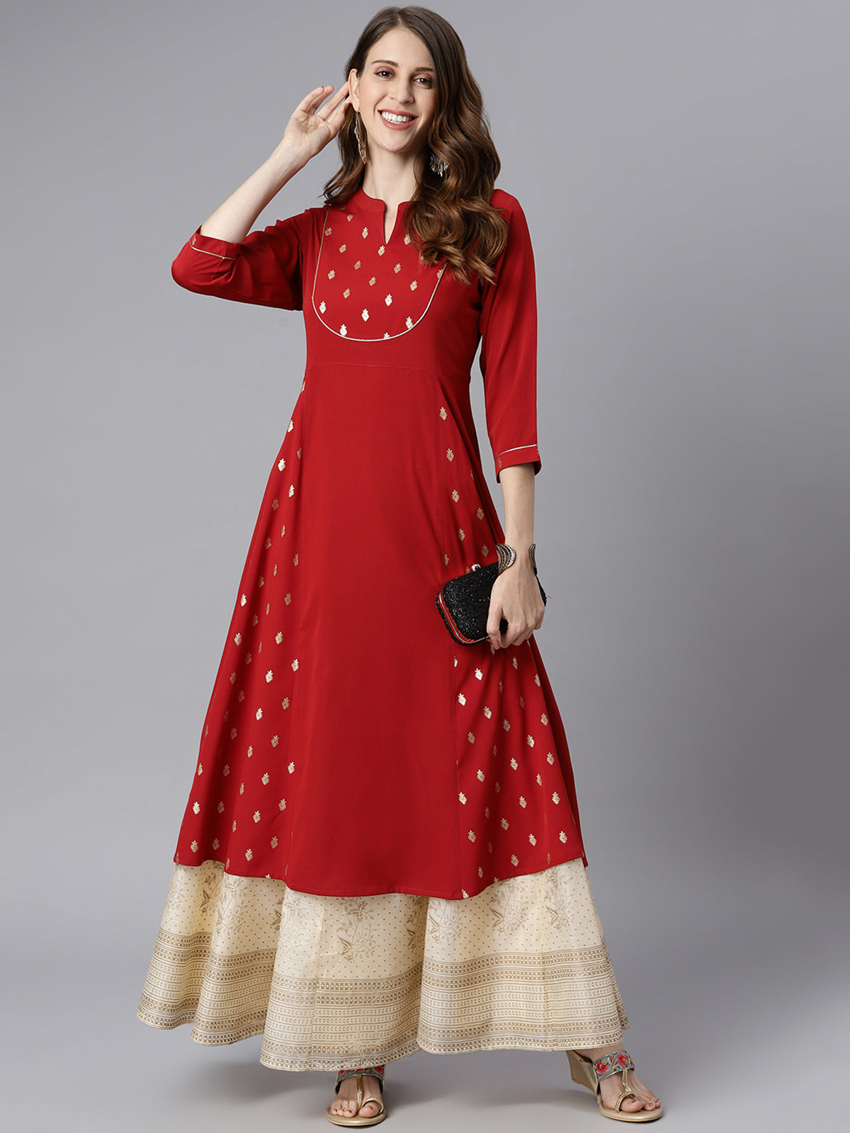 INAKSHINI Red & Gold Foil Print Flared Kurti