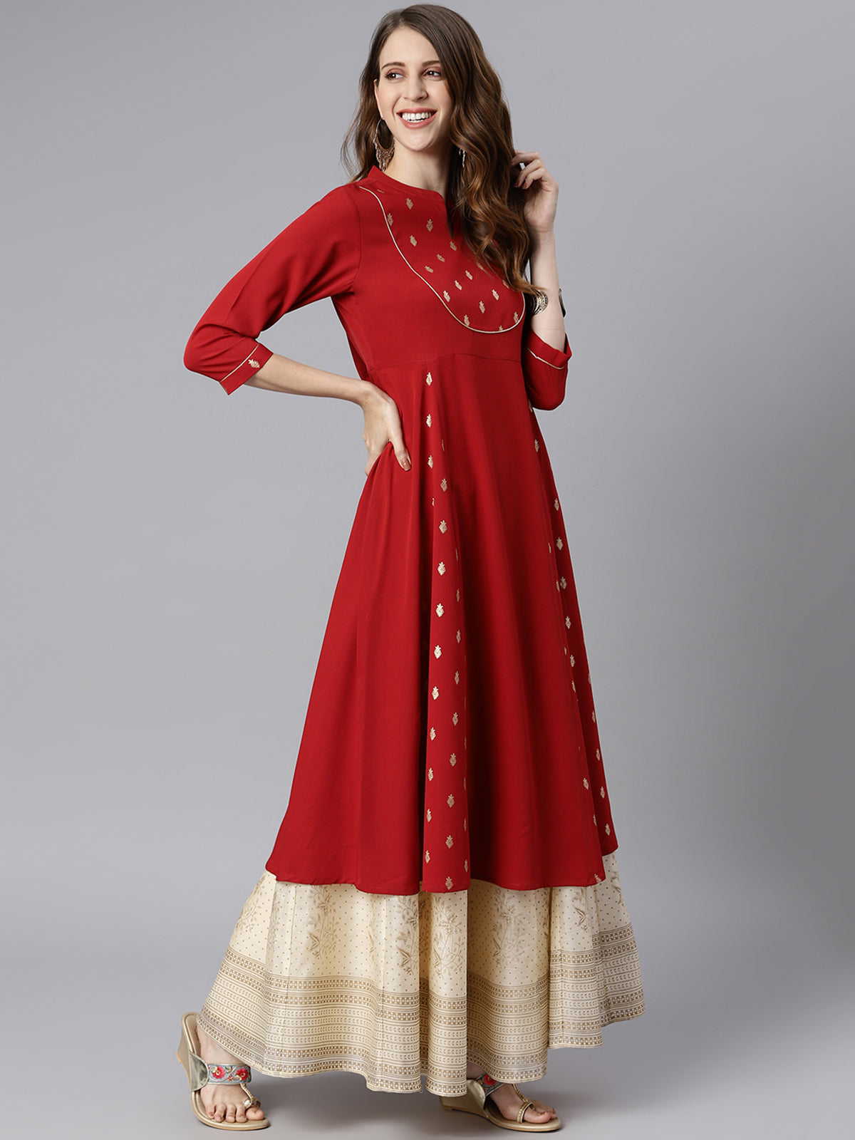 INAKSHINI Red & Gold Foil Print Flared Kurti