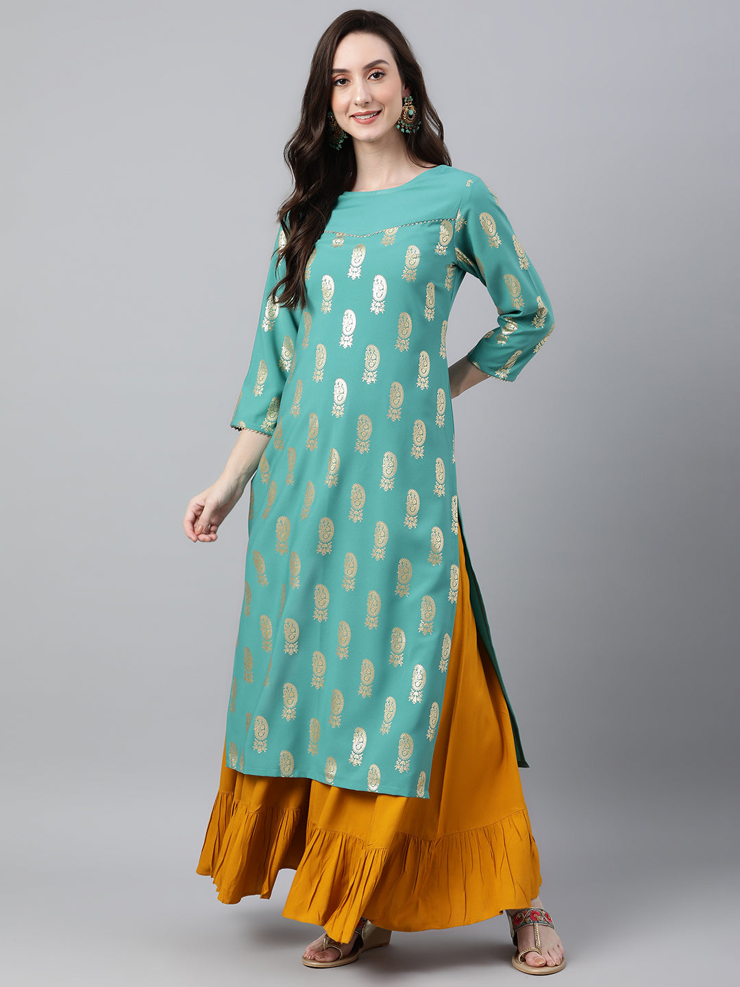 INAKSHINI Sea Green & Gold Paisley Foil Print Flared Kurti