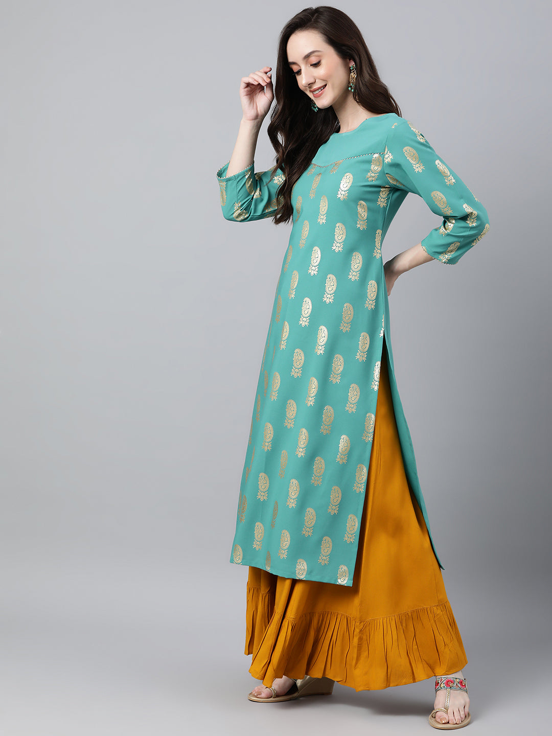 INAKSHINI Sea Green & Gold Paisley Foil Print Flared Kurti