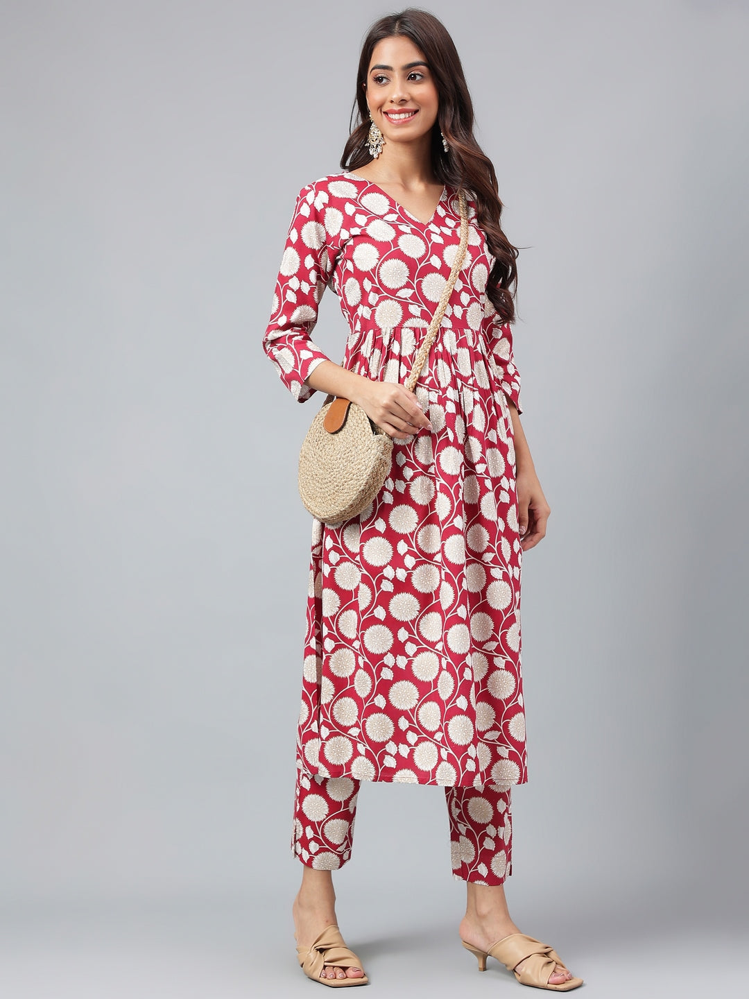 OJASWITA Red-Off White Floral Print Kurti Set