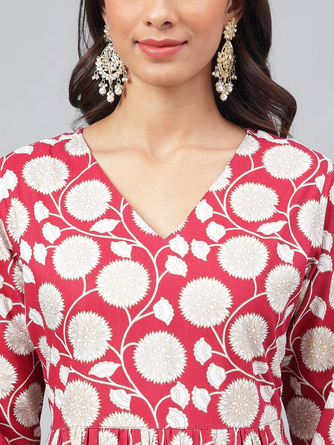 OJASWITA Red-Off White Floral Print Kurti Set