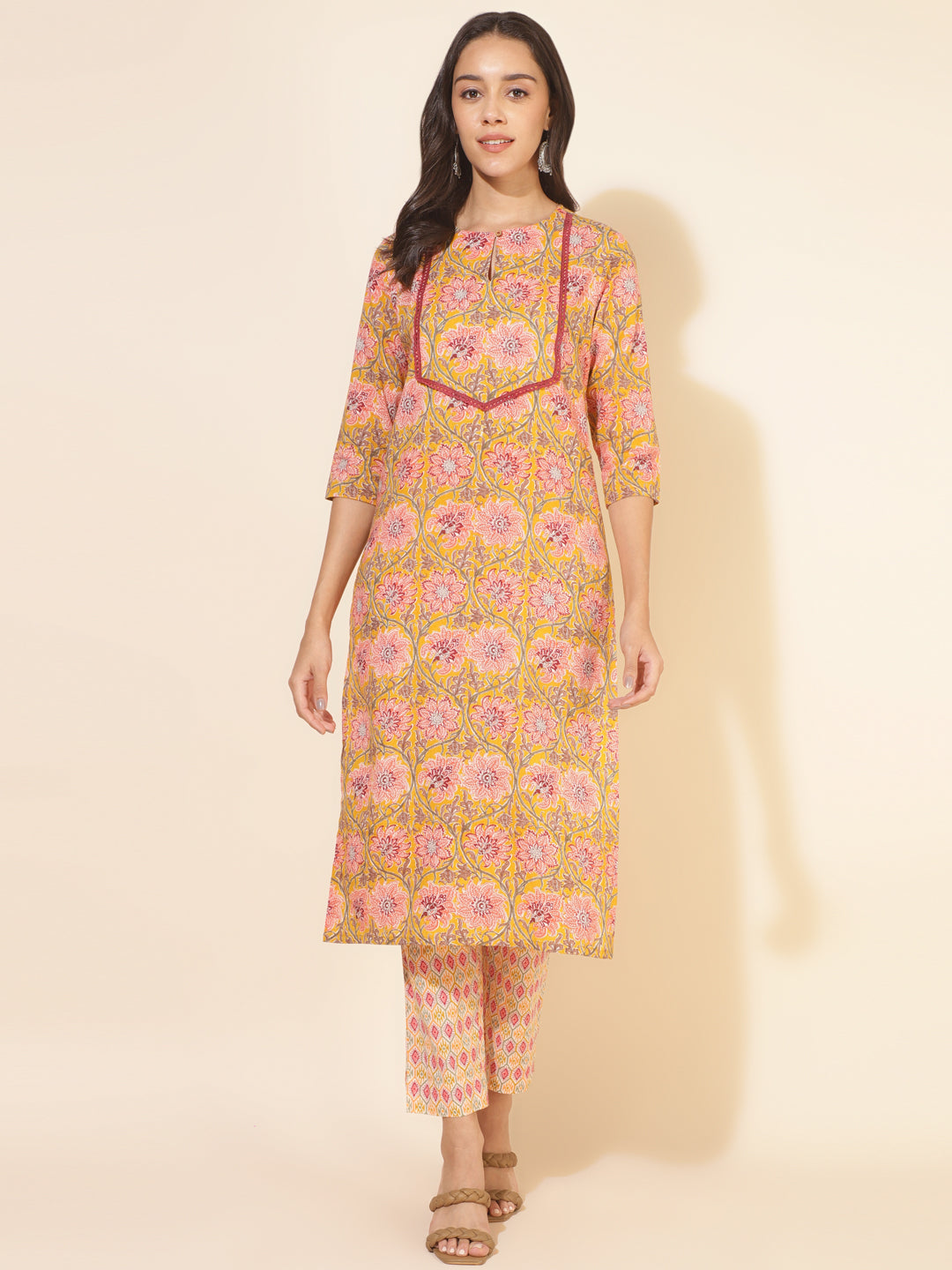 OJASWITA Yellow Floral Print Kurti Set