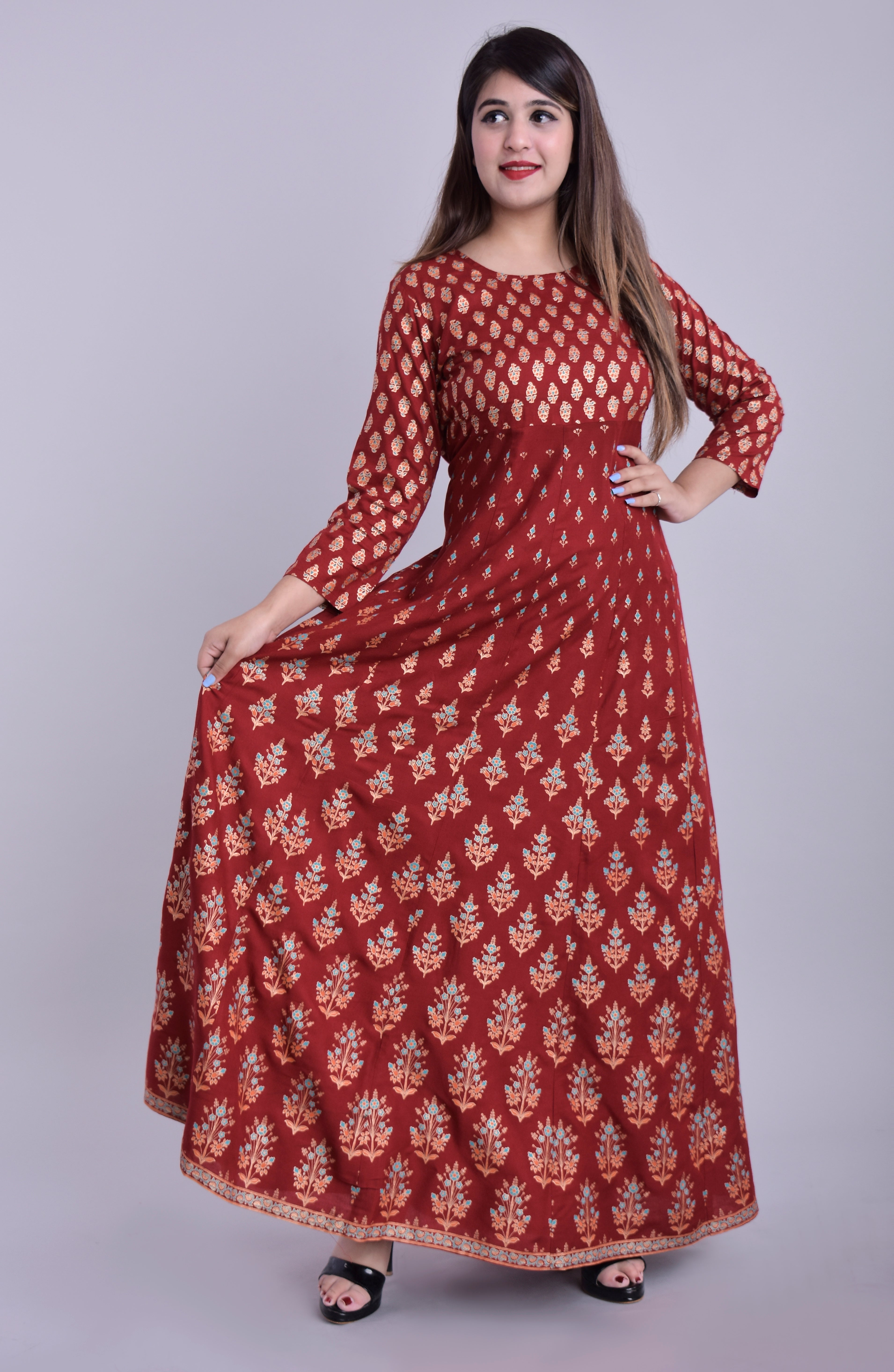 INAKSHINI Rust & Gold Foil Print Gown